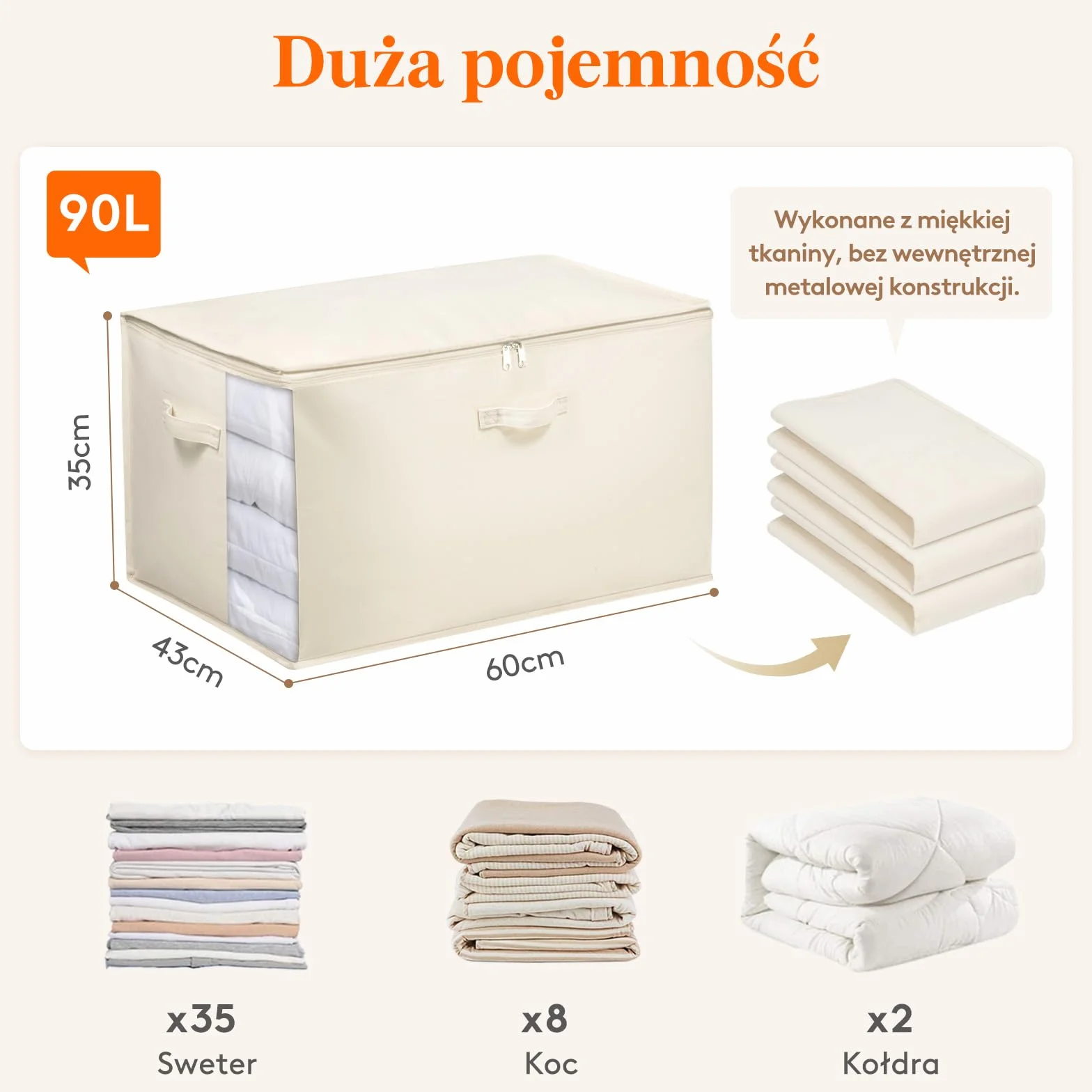 Lifewit 90L torba do przechowywania kołder z uchwytami, pojemnik do przechowywania ubrań, organizer do szafy, beżowy, 4 sztuki