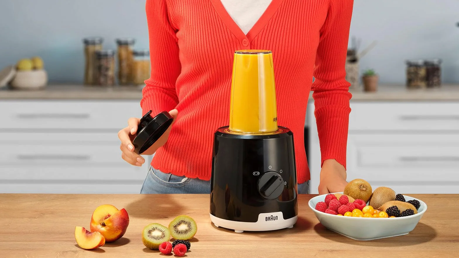 Braun PowerBlend 1 JB1051BK Blender stołowy ze szklanką Smoothie2Go, blender z trójkątnym szklanym dzbankiem, 2 prędkości, funkcja rozdrabniania lodu, 600 W, czarny
