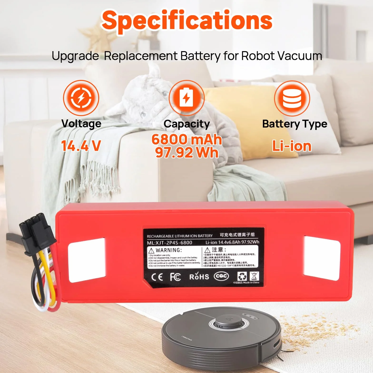 Bateria 6800 mAh kompatybilna z Roborock S5 S50 S51 S55 S6 S7 Max/MaxV/MaxV Ultra/Pure Xiaowa E20 E25 E35, Roborock Q5 Q7 Pro/Max+, Mijia 1. i 2. generacji