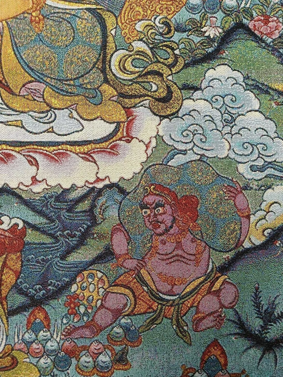 Haft tybetański thangka, thangka fengshui, jedwabny haft tybetański tybetański materiał jedwabny Bon religia żółty Tangka Thangka Mural Fengshui Wall Art do wystroju domu medytacja