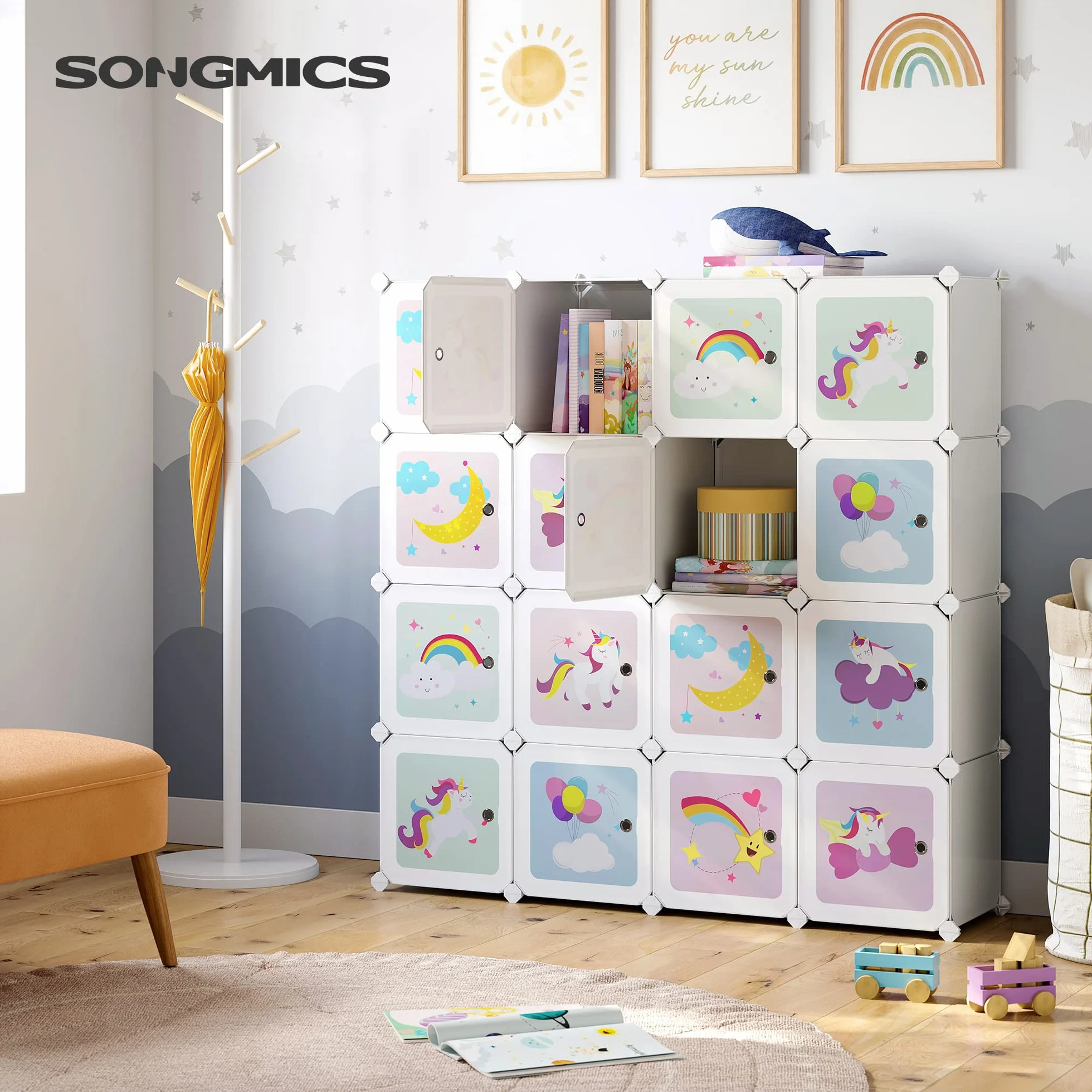 SONGMICS LPC906W01 System regałowy z 16 kostkami, szafa do przechowywania dla dzieci, szafa na ubrania i buty z drzwiami, z tworzywa sztucznego, regał wtykowy, uniwersalny, 123 x 31 x 123 cm, biały