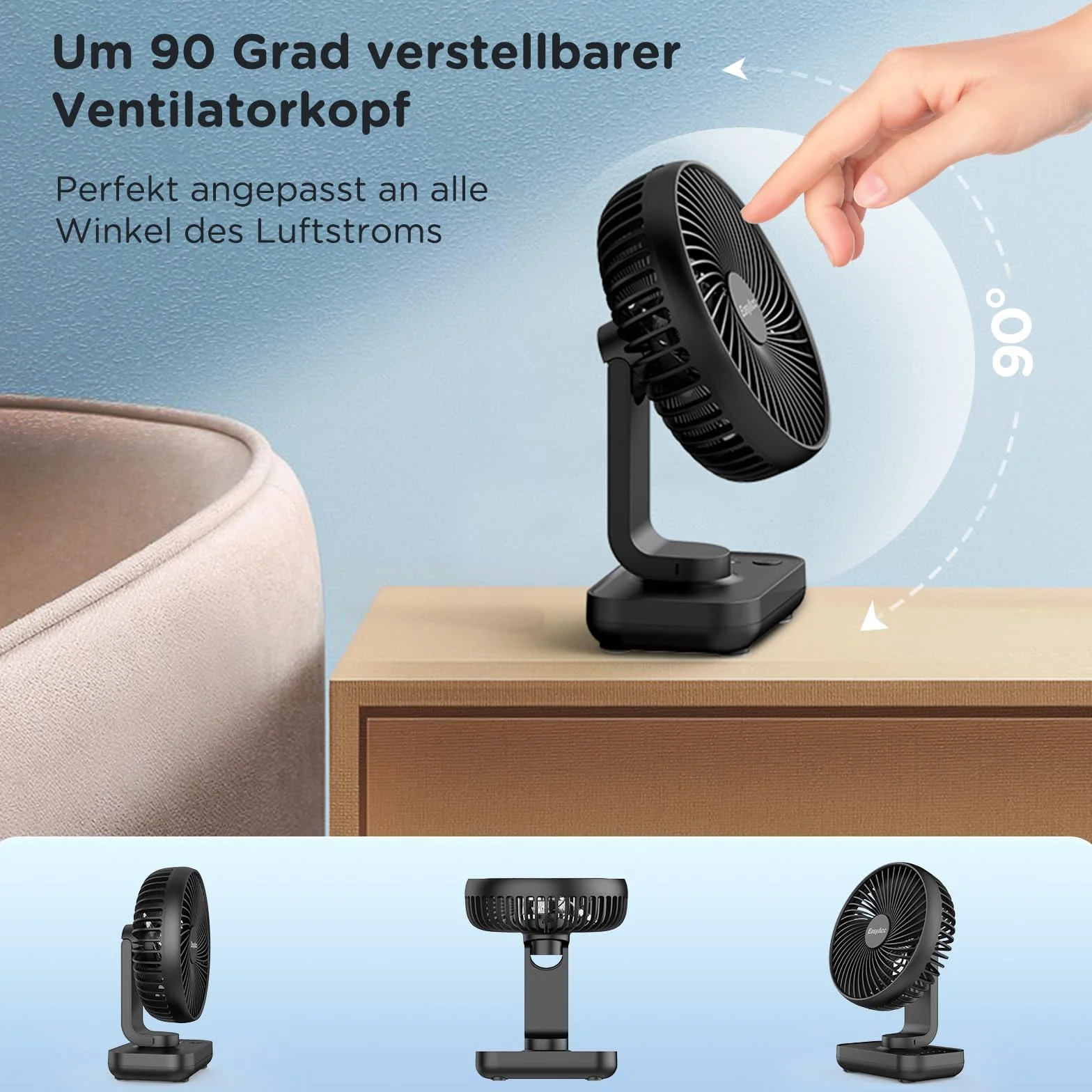 EasyAcc Wentylator stołowy Bateria Wentylator USB 4000 Bateria Małe przenośne 4-biegowe wentylatory Cichy mini akumulatorowy wentylator bazowy do domowego biura Biblioteka Kemping