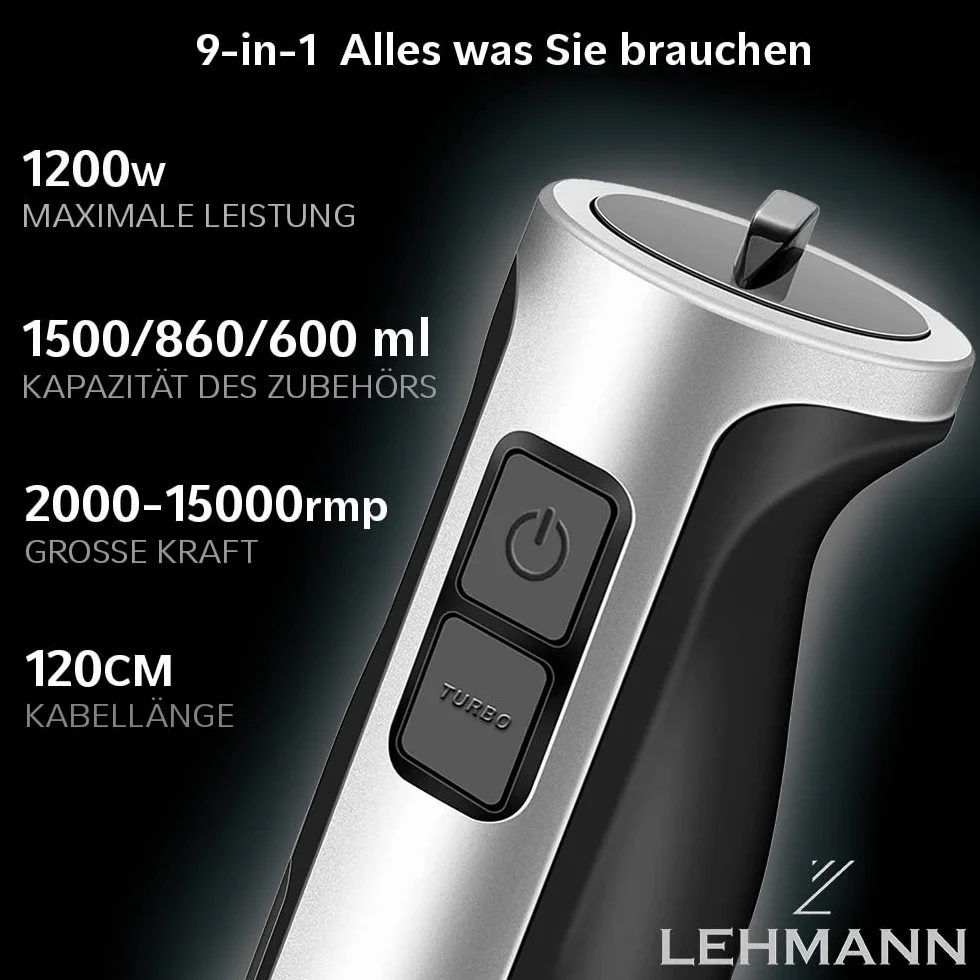 LEHMANN Wielofunkcyjny blender ręczny Chopsui 1200 W z funkcją turbo i regulacją prędkości, srebrny, mocny, Funkcja turbo, najmocniejszy mikser, tarki do tarcia ziemniaków