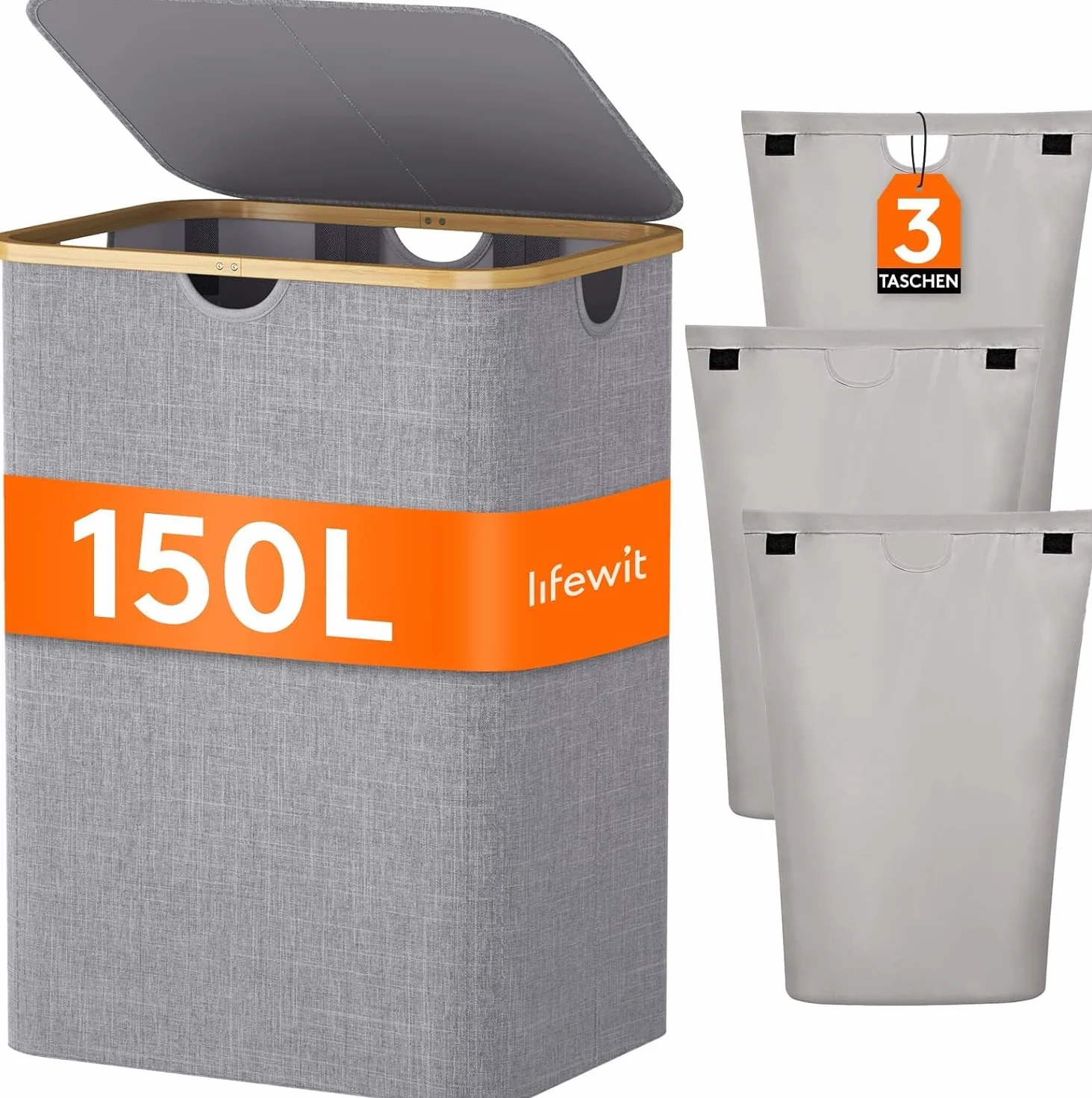 Lifewit Kosz na Pranie Składany Bambus 3 Komory 150L z Pokrywą Jasnoszary