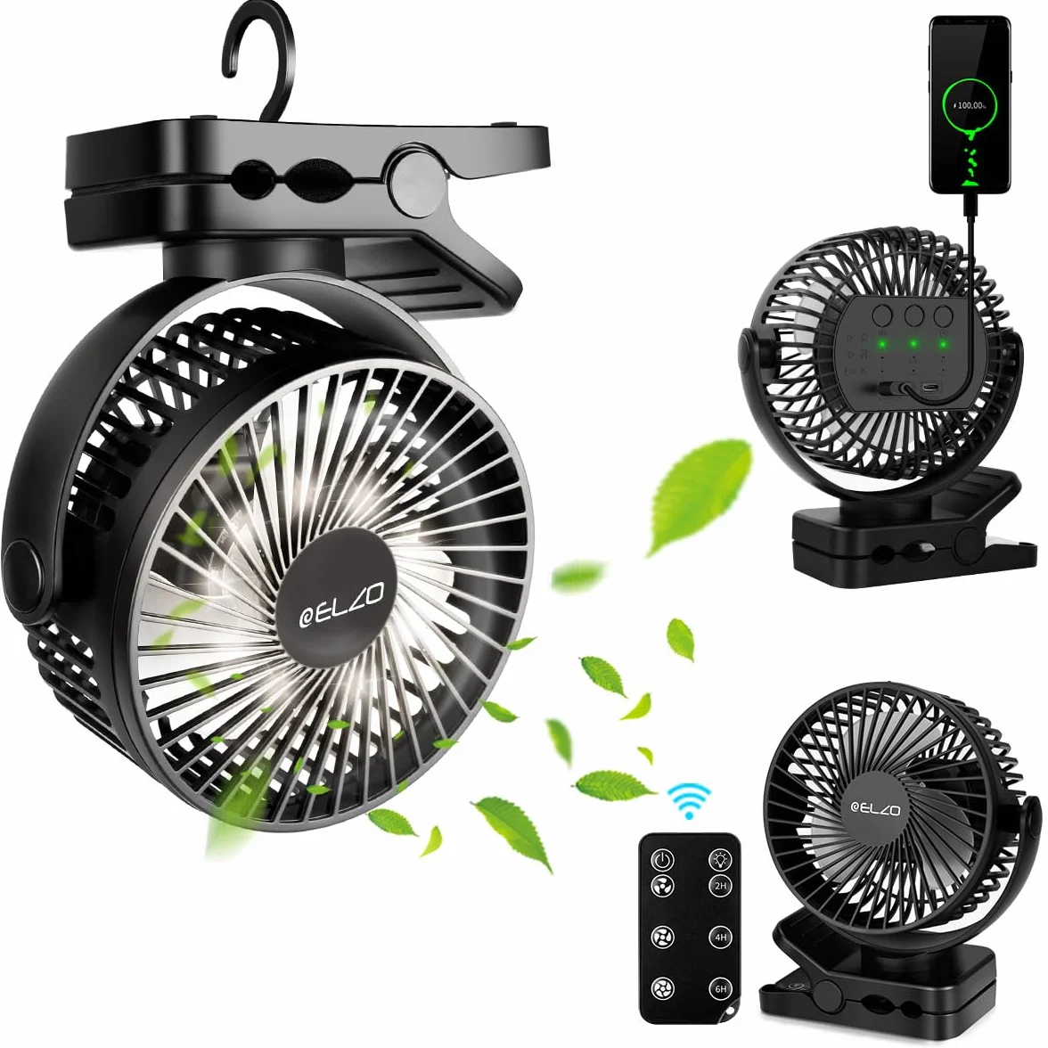 ELZO Wentylator USB, 12000 mAh, mini cichy wentylator stołowy, wentylator zaciskowy z 3 prędkościami/światłem LED, obrót o 360°, przenośne wentylatory z pilotem