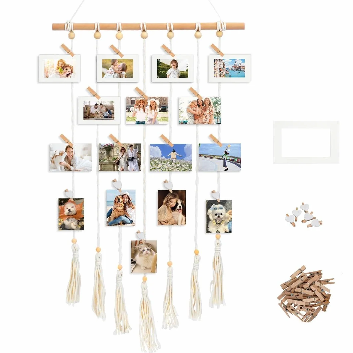 Wisząca makrama, dekoracja ścienna w stylu boho, zasłona na zdjęcia, ramka na zdjęcia, kolaż z 35 drewnianymi klipsami i 5 papierową girlandą fotograficzną, ramka na zdjęcia "zrób to sam" do dekoracji