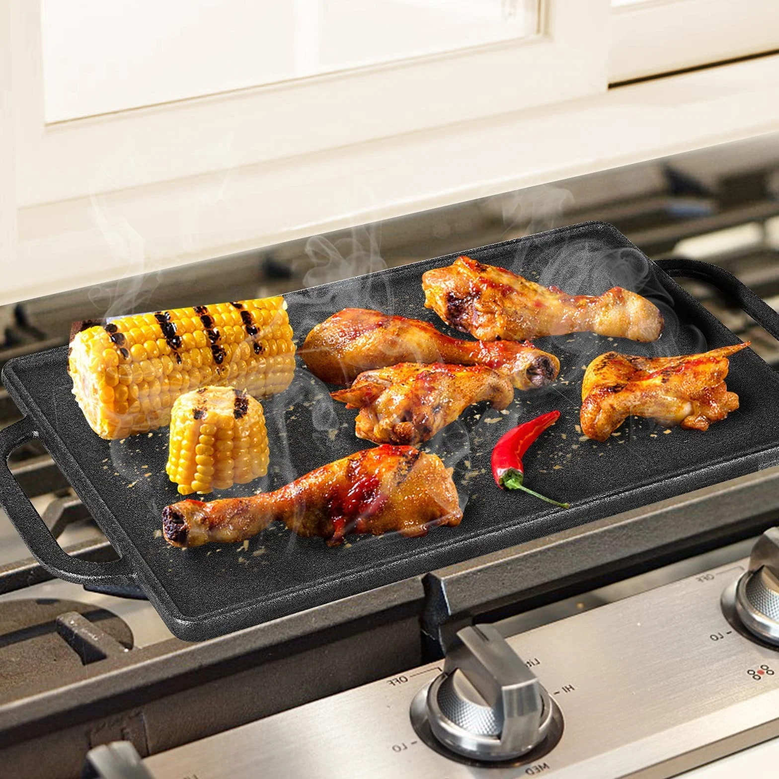 GFTIME Żeliwna płyta grillowa dwustronna 33 x 21 cm do piekarnika i grilla