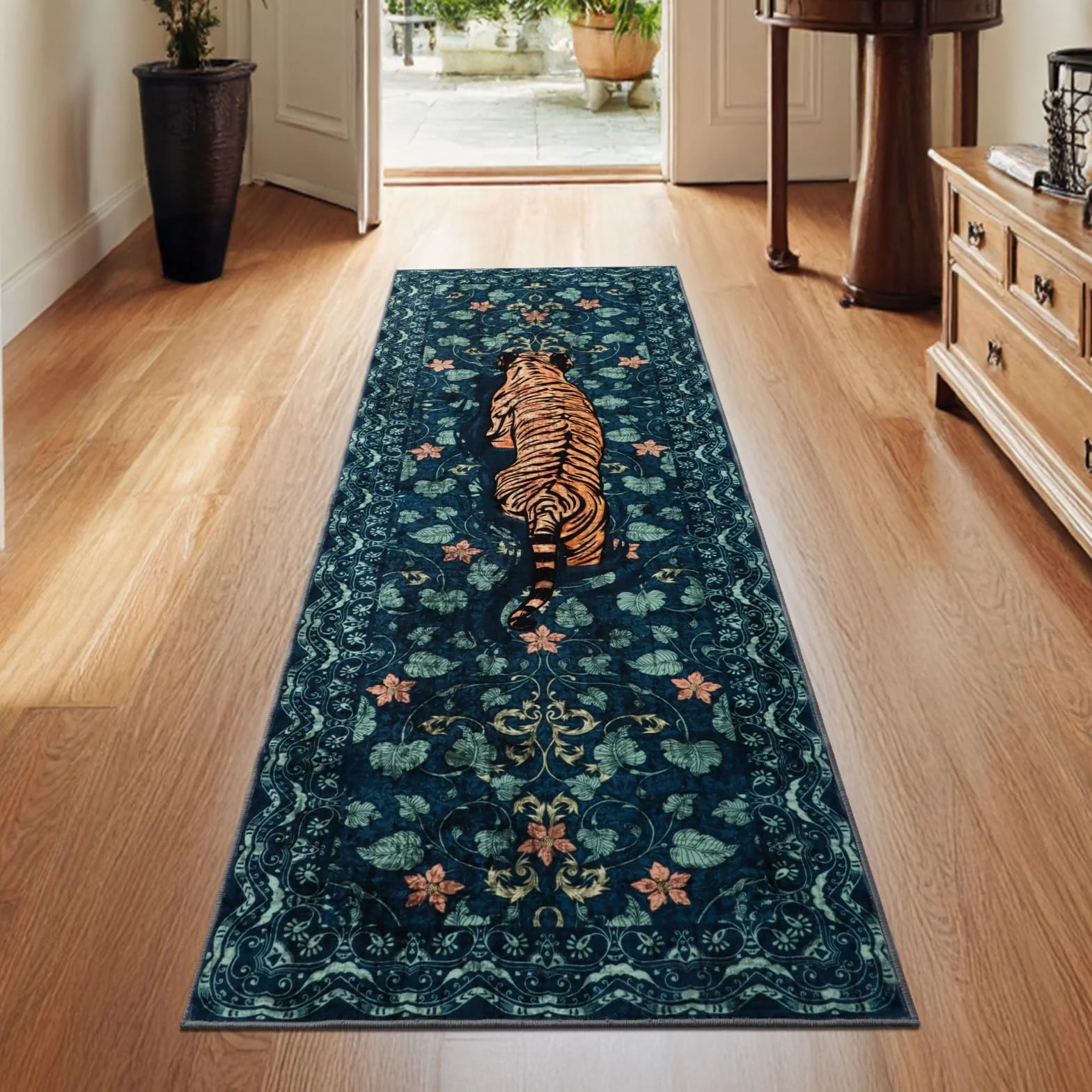 Zmywalny chodnik kuchenny, 60 x 180 cm, zielony dywan do przedpokoju z antypoślizgowym spodem, miękki koc do sypialni w stylu boho, tygrys do łazienki, wejściowy