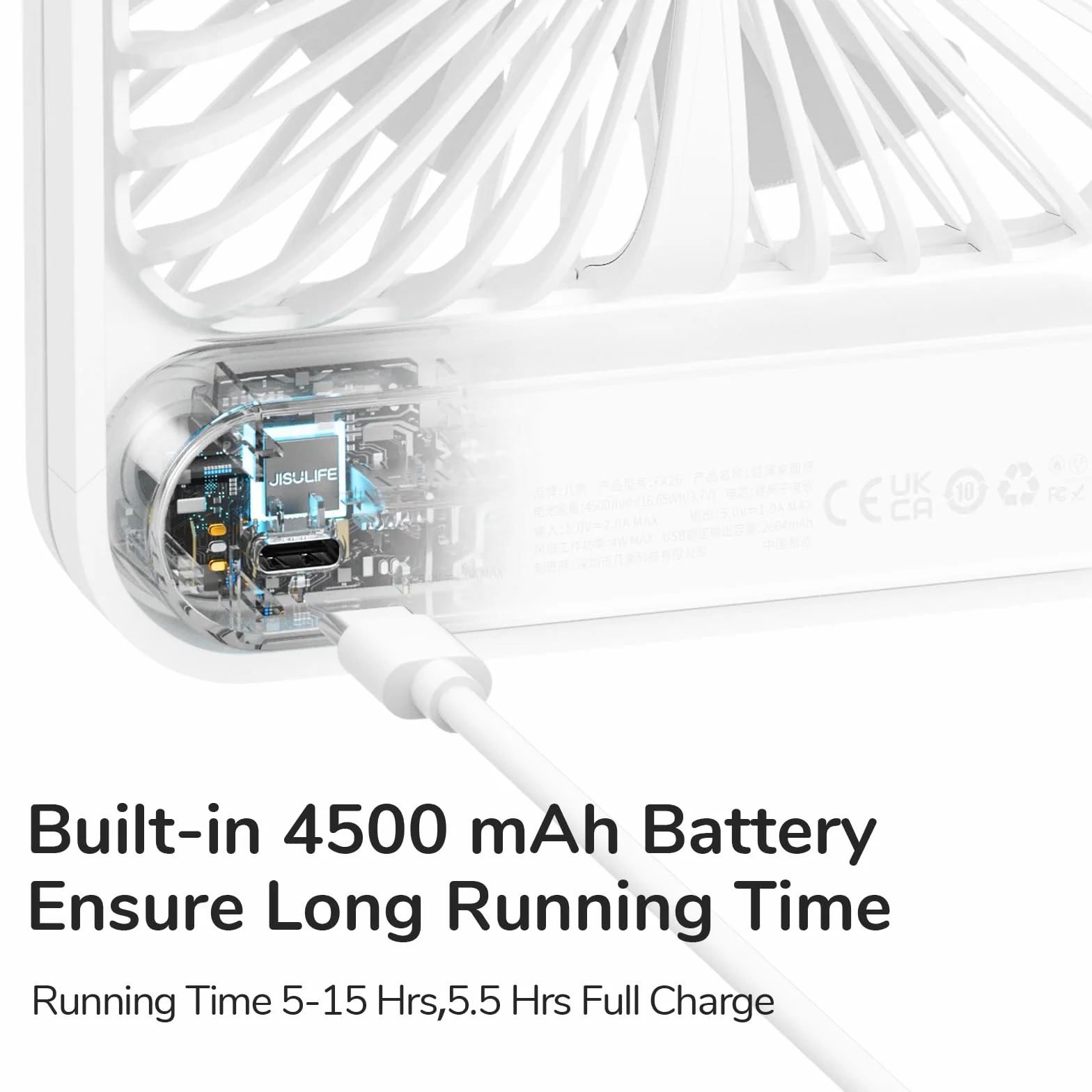 JISULIFE Przenośny mini wentylator z akumulatorem 4500 mAh, mały składany wentylator 180°, 4-biegowy regulowany cichy wentylator, odpowiedni do domu/biura/podróży - biały