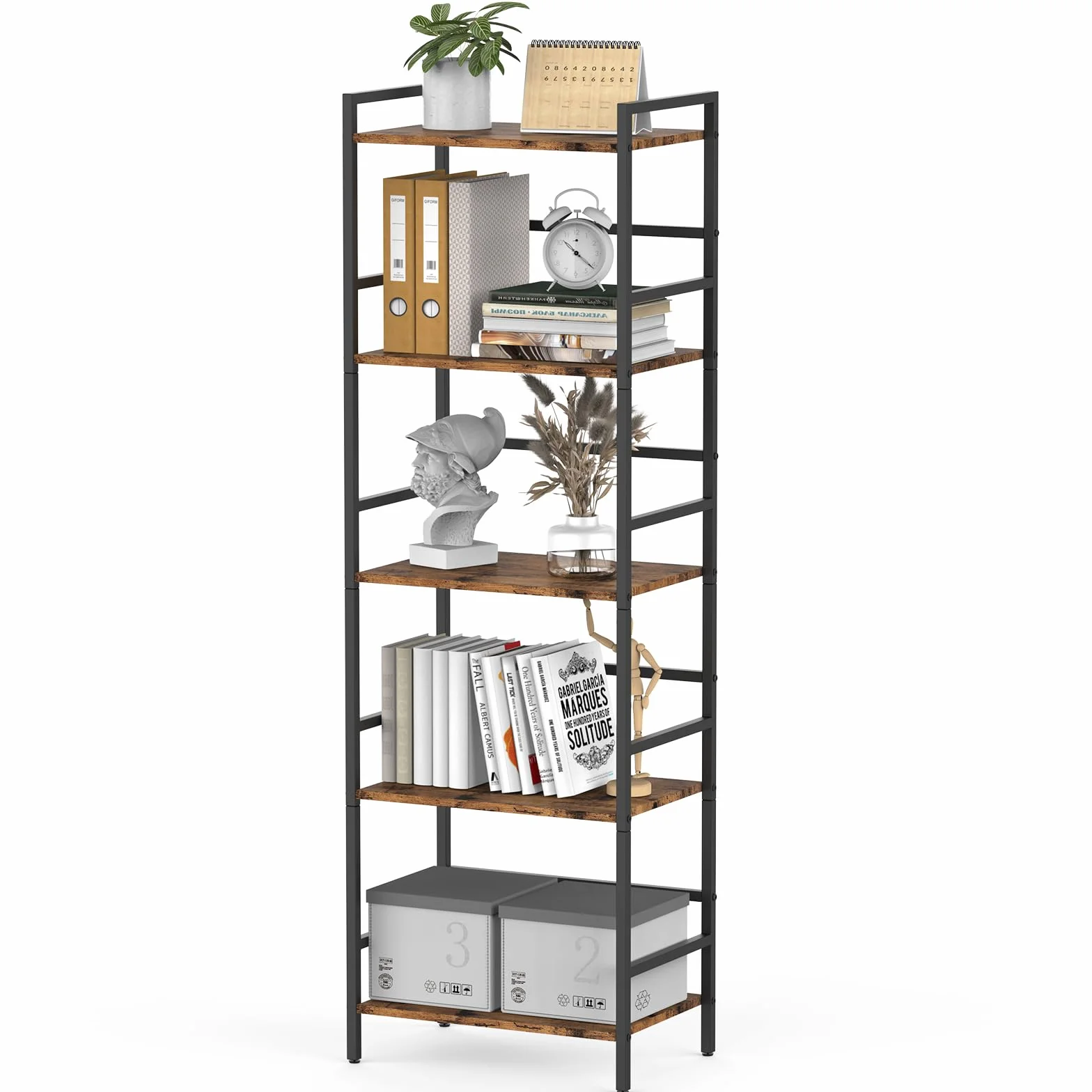CADUKE 5-poziomowa półka na książki, rustykalny brązowo-czarny regał, drewniana i metalowa rama, duża biblioteczka do salonu, sypialni, biura, otwarta półka, industrialny design