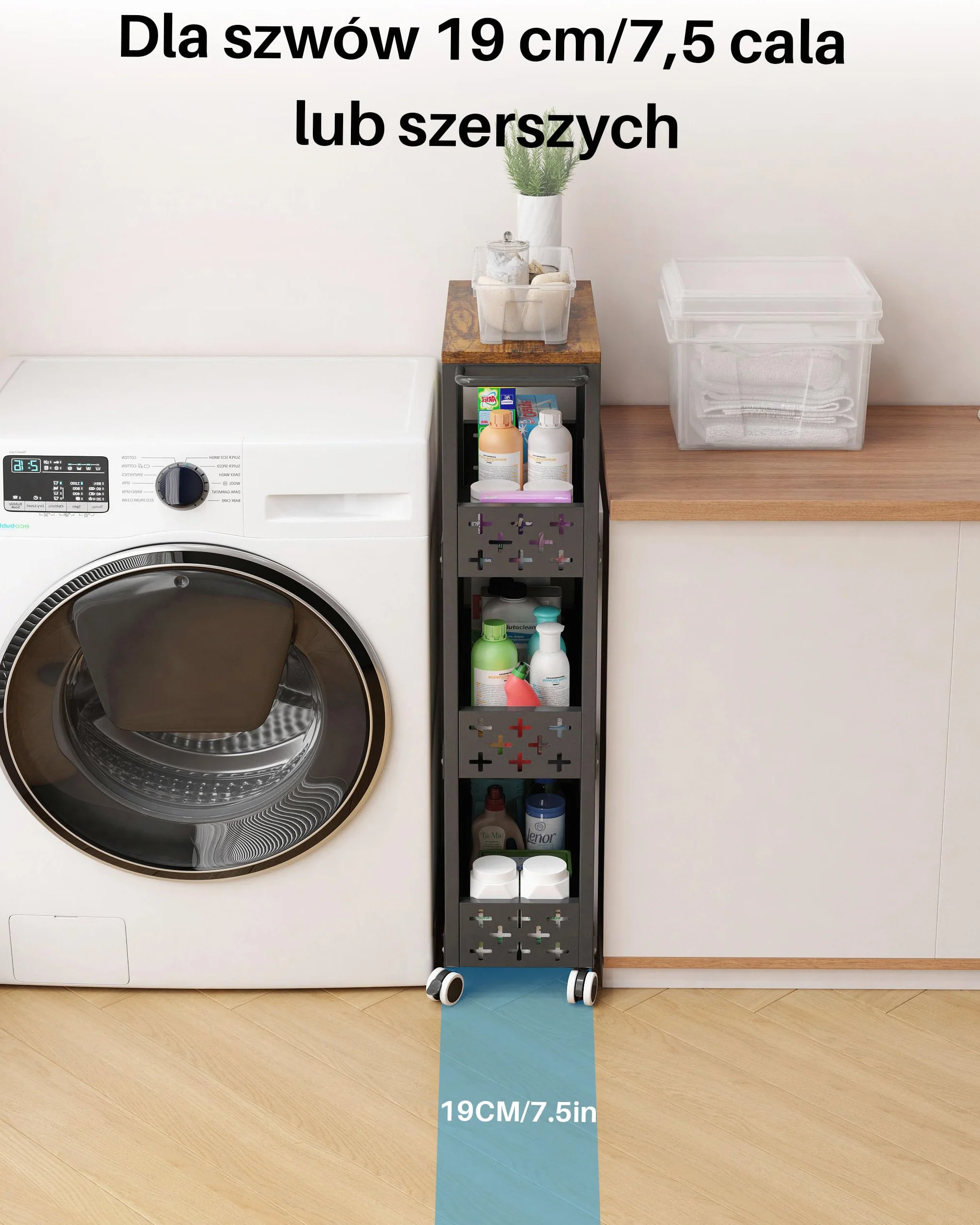 Wąski 4-poziomowy metalowy wózek na kółkach kuchenny czarny