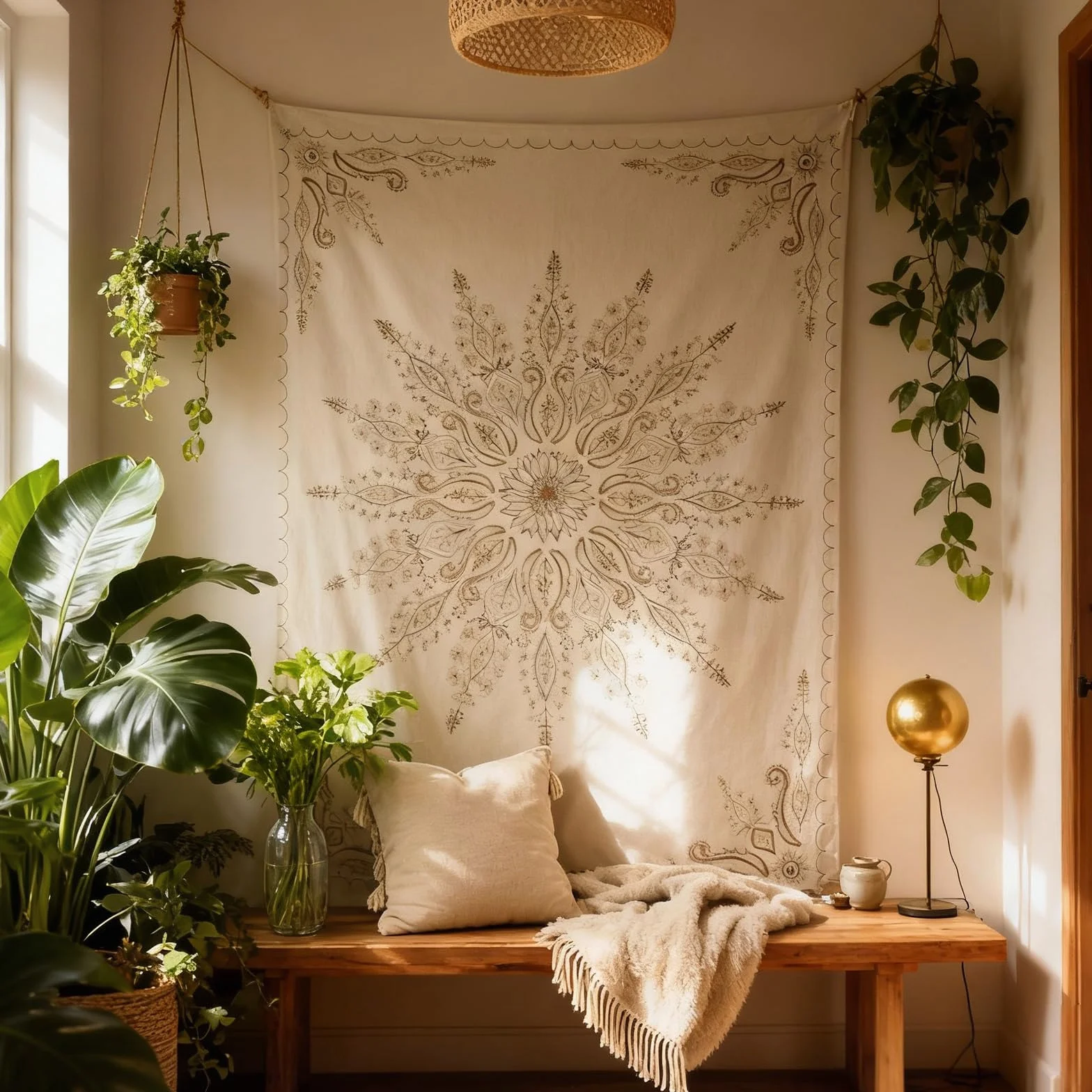 KQDRAVINE Mandala dywan ścienny, 152 x 130 cm, styl boho, chusta ścienna do salonu, sypialni, na kemping, do dekoracji ścian, chusta w stylu boho