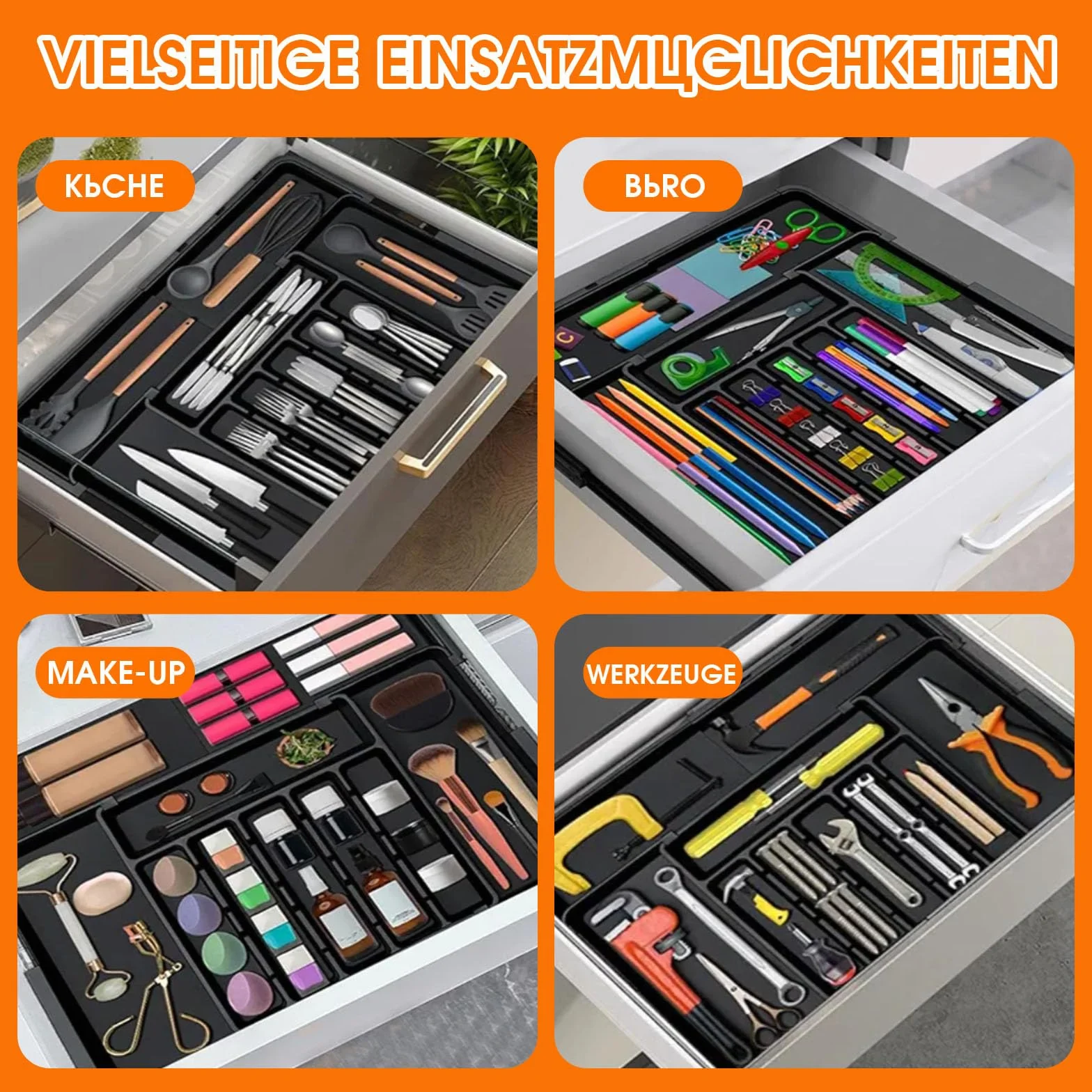 Organizer do szuflady na sztućce rozszerzalna taca regulowany wkład czarny 56×48×5 cm