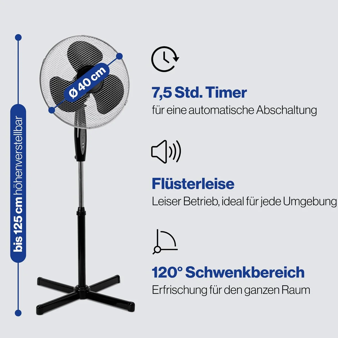 Clatronic Wentylator stojący VL 3741 S; bardzo cichy; średnica 40 cm; oscylacja/rotacja; regulowana wysokość i kąt nachylenia; lampki kontrolne LED; pilot zdalnego sterowania; 45 W; czarny