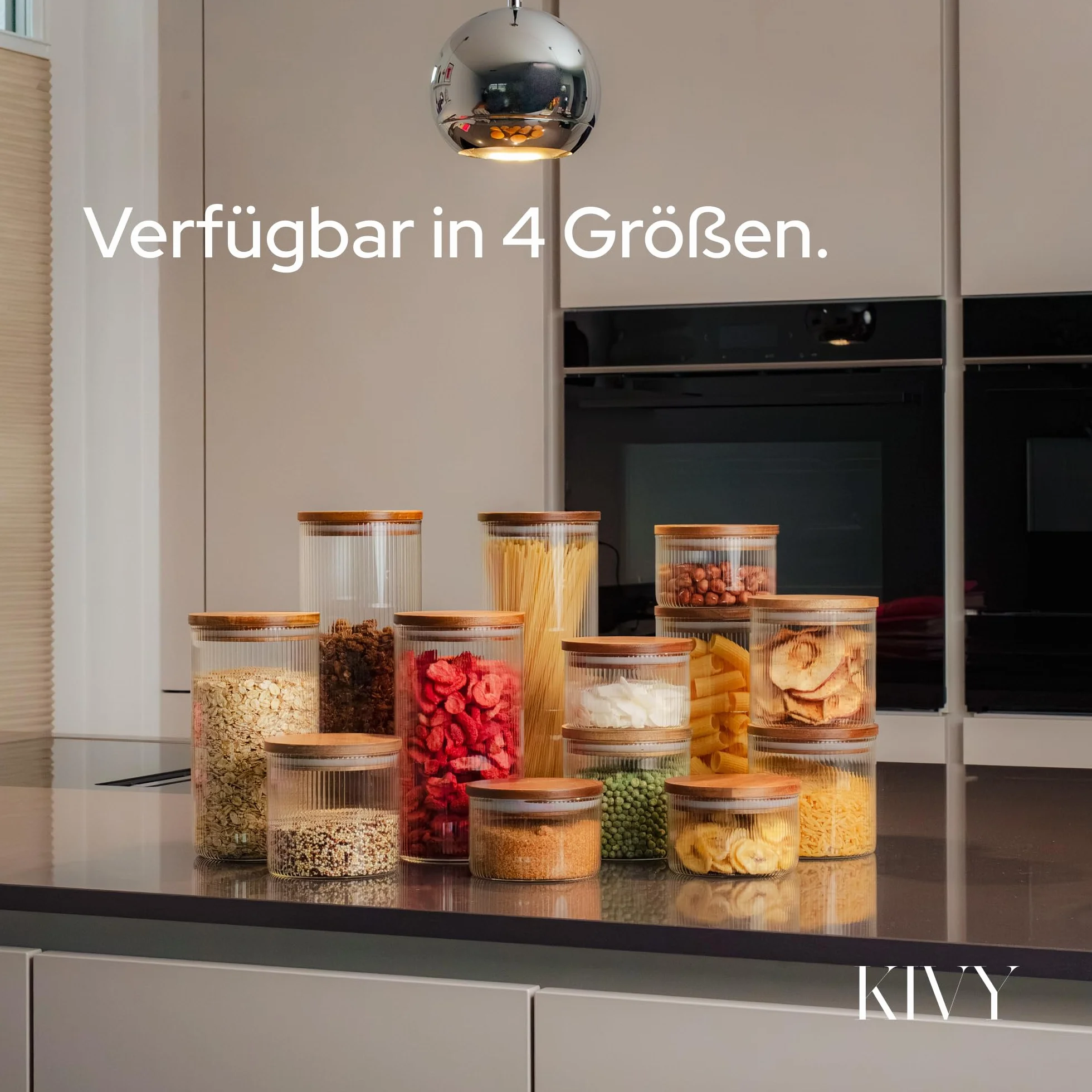 KIVY Riffel słoiki na zapasy z pokrywką – 4 x 350 ml – małe pojemniki na zapasy z pokrywką z drewna akacjowego – słoiki na zapasy szklane z pokrywką – słoiki do przechowywania z pokrywką