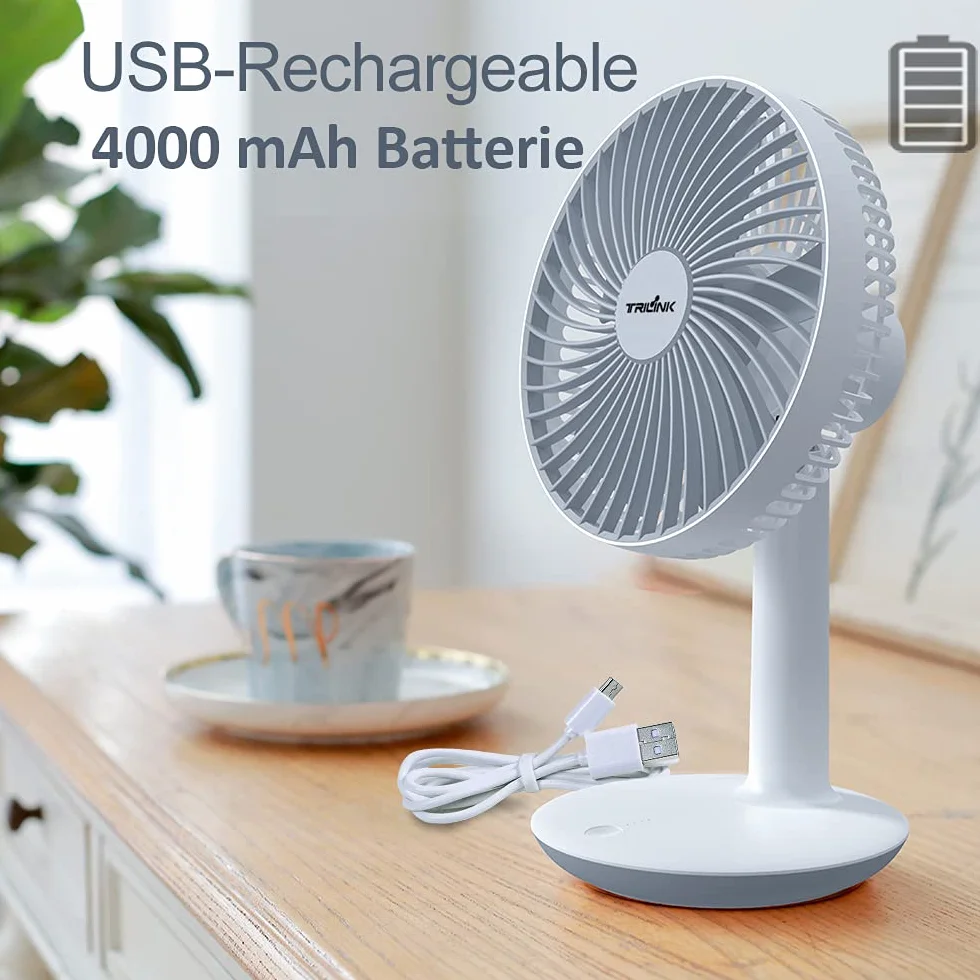 6-Inch Rechargeable Portable Desk Fan, Battery-Operated USB Table Fan with 4 Speed Levels, Mini Silent Fan for Home Office Camping