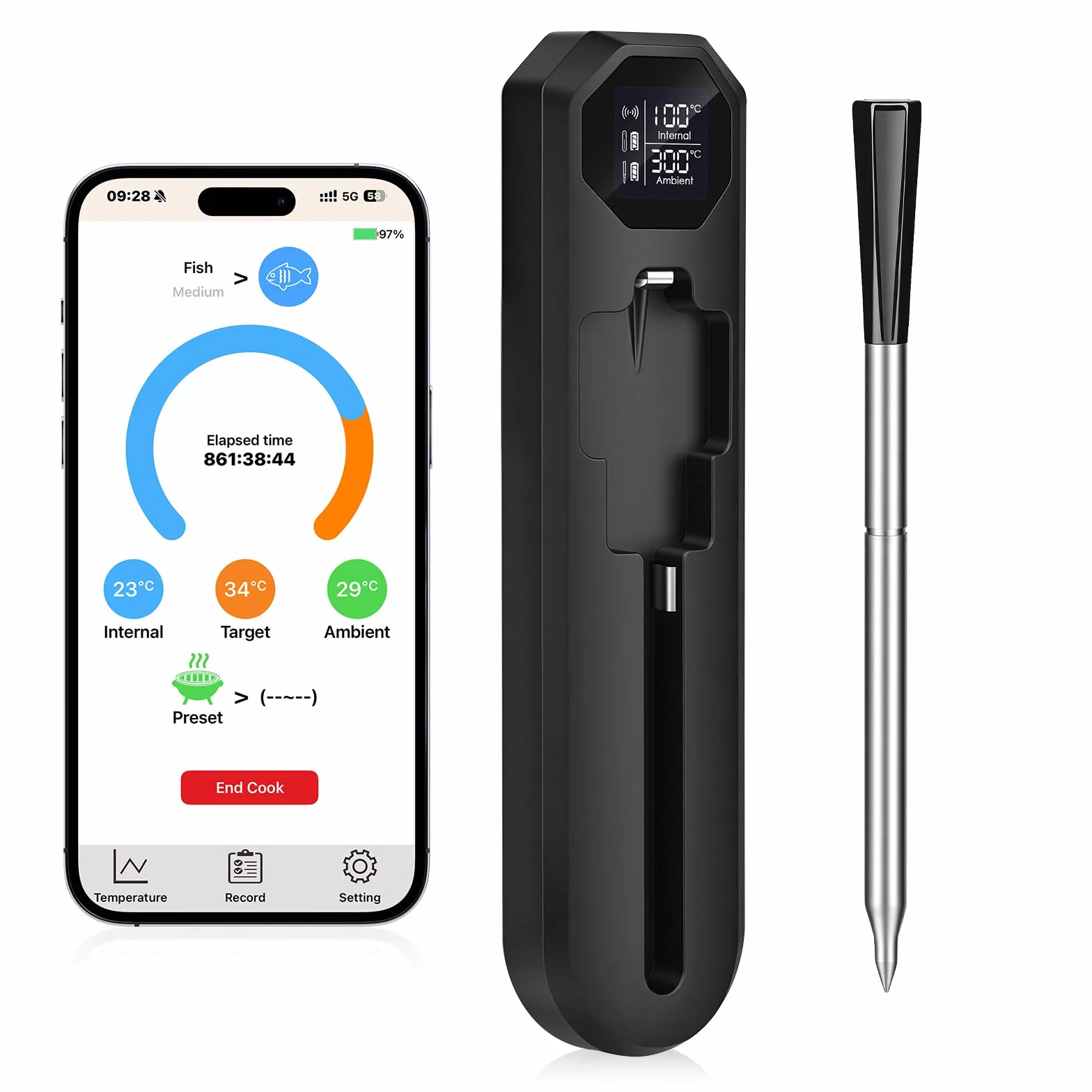 Dreamhigh Bezprzewodowy Termometr do Grilla Bluetooth z Aplikacją, Zasięg 150 m, Sonda 3,3 mm
