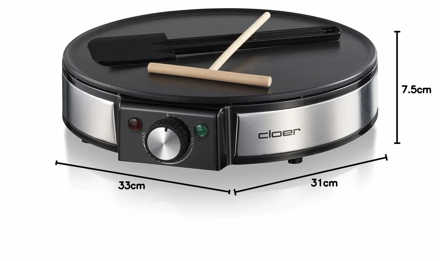 Cloer 6630 Naleśnikarka na słodkie lub słone naleśniki o średnicy 30 cm Ø, 1200 W, Powłoka nieprzywierająca, w zestawie Crêpes Turner i Rozrzutnik ciasta, czarny