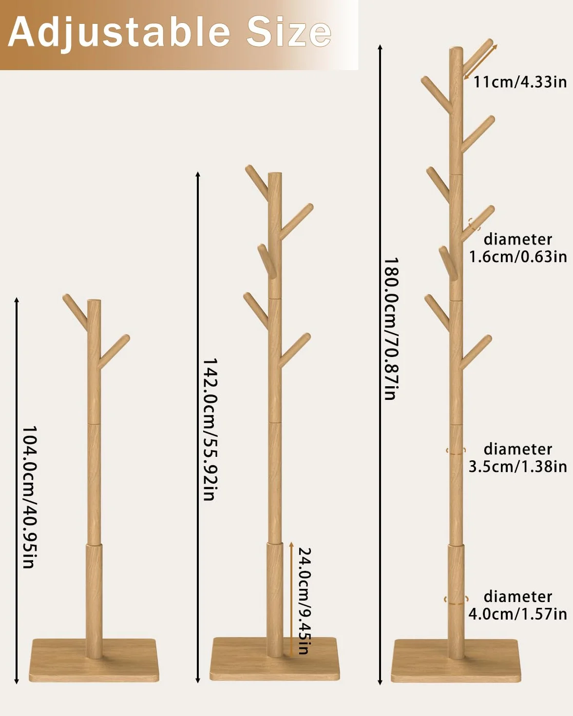 Yawinhe Wieszak na PłAszcze Wykonany z Litego Drewna, Wieszak na PłAszcze w KształCie Drzewa, Wysokość 180 cm, z 8 Haczykami I 3 Regulowanymi WysokośCiami, do Wejść, Naturalny, 1-Pack
