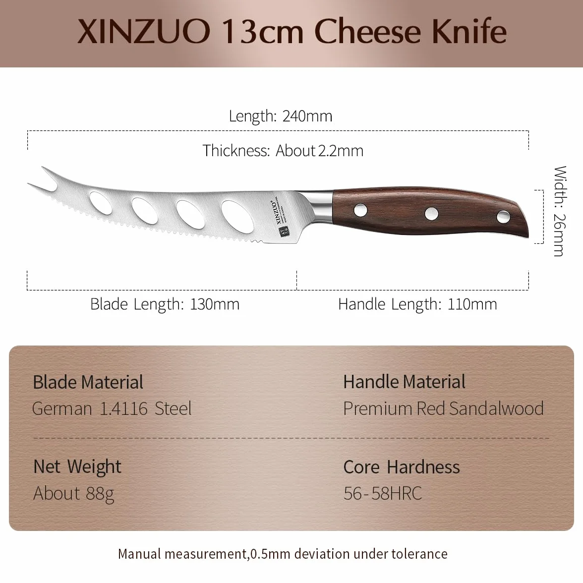 XINZUO 13 cm niemiecki nóż do sera z stali nierdzewnej 1,4116, ząbkowane ostrze i nieprzywierające - do sera, masła, owoców i chleba - Red Sandalwood Full Tang Series