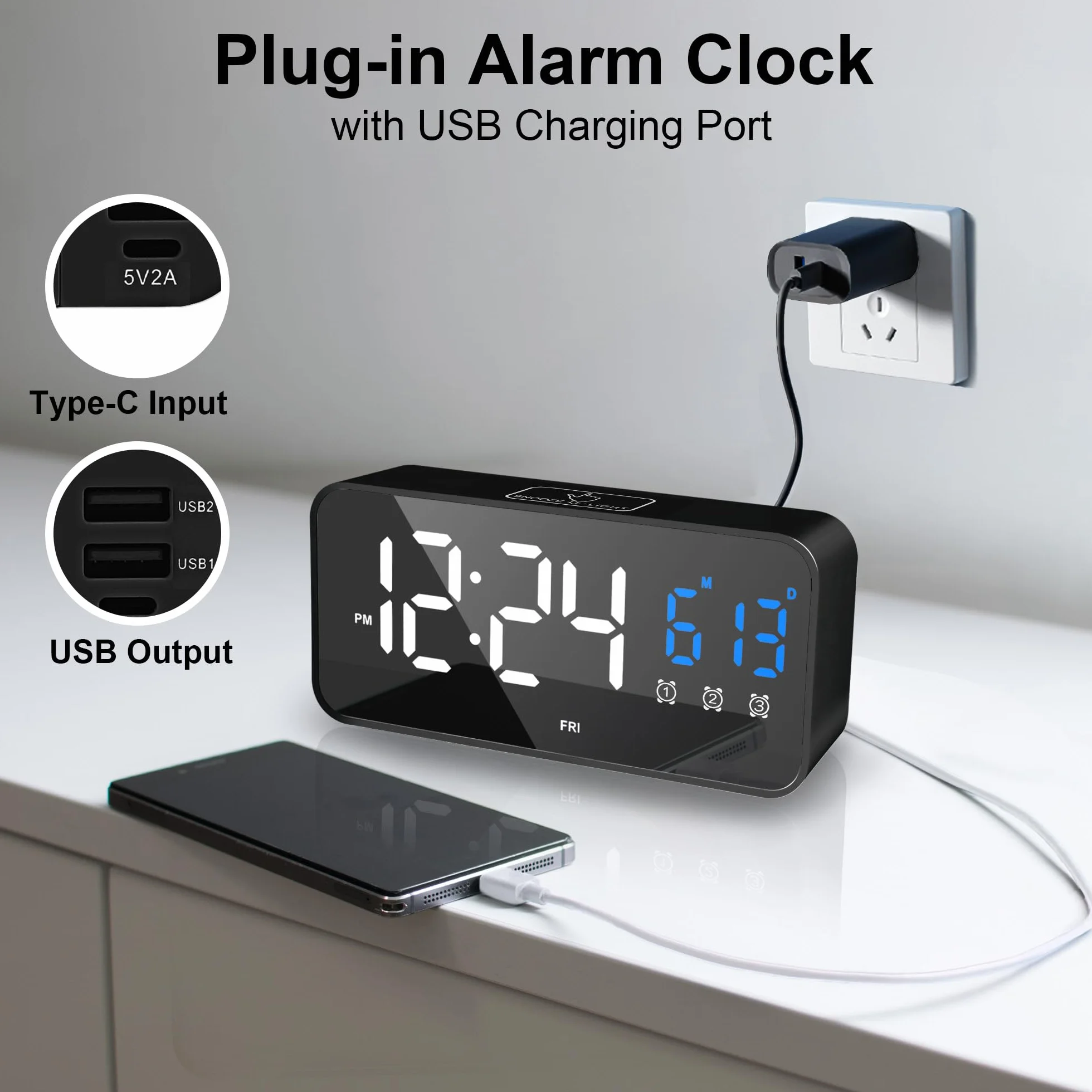 Lafocuse LED cyfrowy budzik z wyświetlaczem temperatury i datą, zegar stołowy z 25 melodiami, 2 portami ładowania USB, 3 alarmami i dniem tygodnia, cyfrowy zegar z funkcją drzemki, regulowana jasność