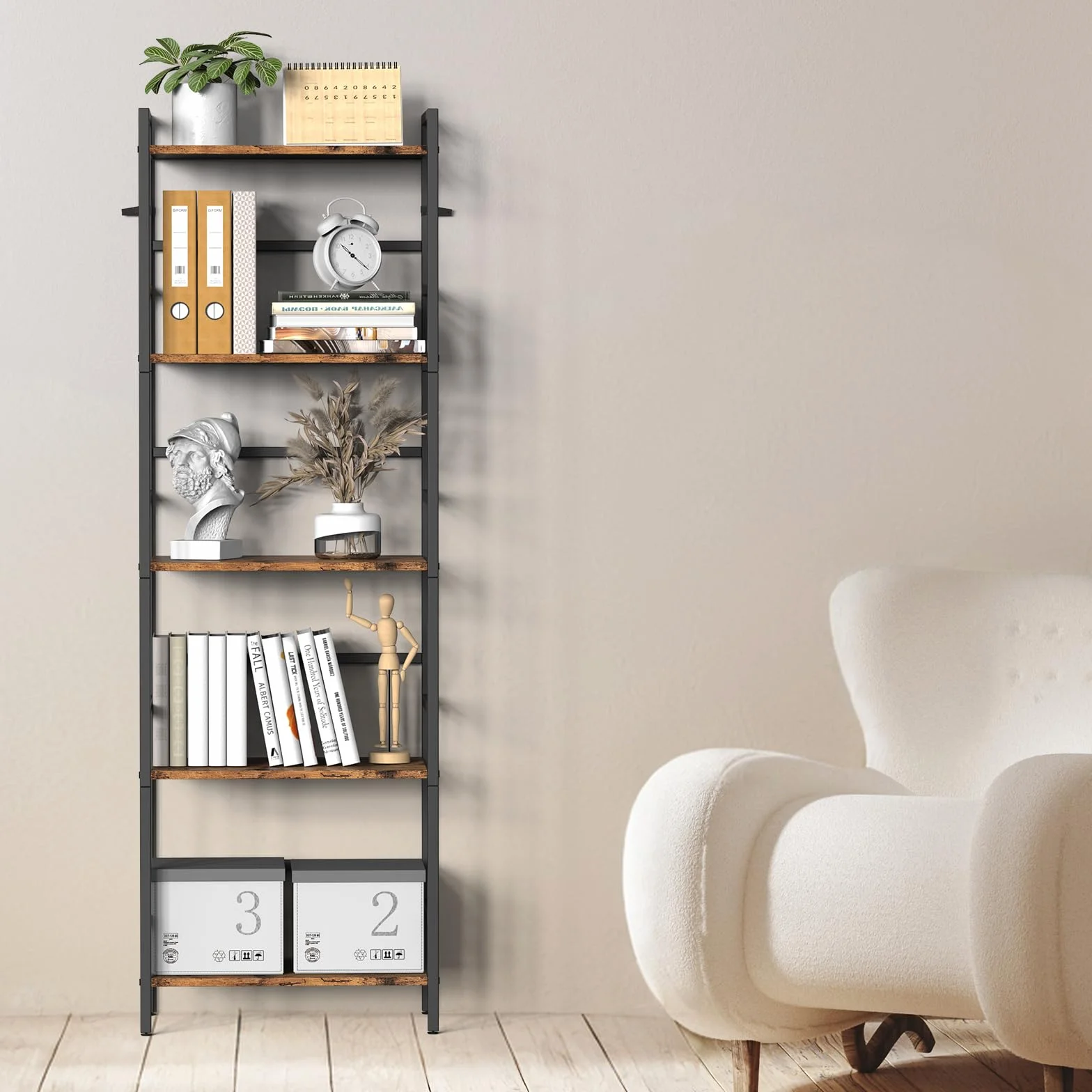 CADUKE 5-poziomowa półka na książki, rustykalny brązowo-czarny regał, drewniana i metalowa rama, duża biblioteczka do salonu, sypialni, biura, otwarta półka, industrialny design