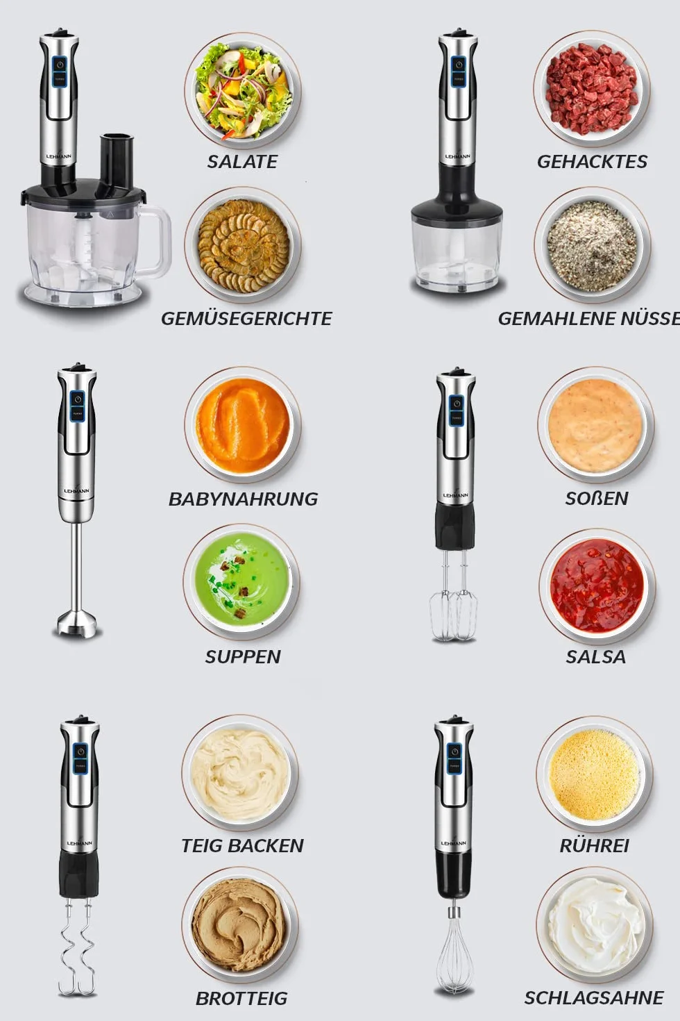 LEHMANN Wielofunkcyjny blender ręczny Chopsui 1200 W z funkcją turbo i regulacją prędkości, srebrny, mocny, Funkcja turbo, najmocniejszy mikser, tarki do tarcia ziemniaków