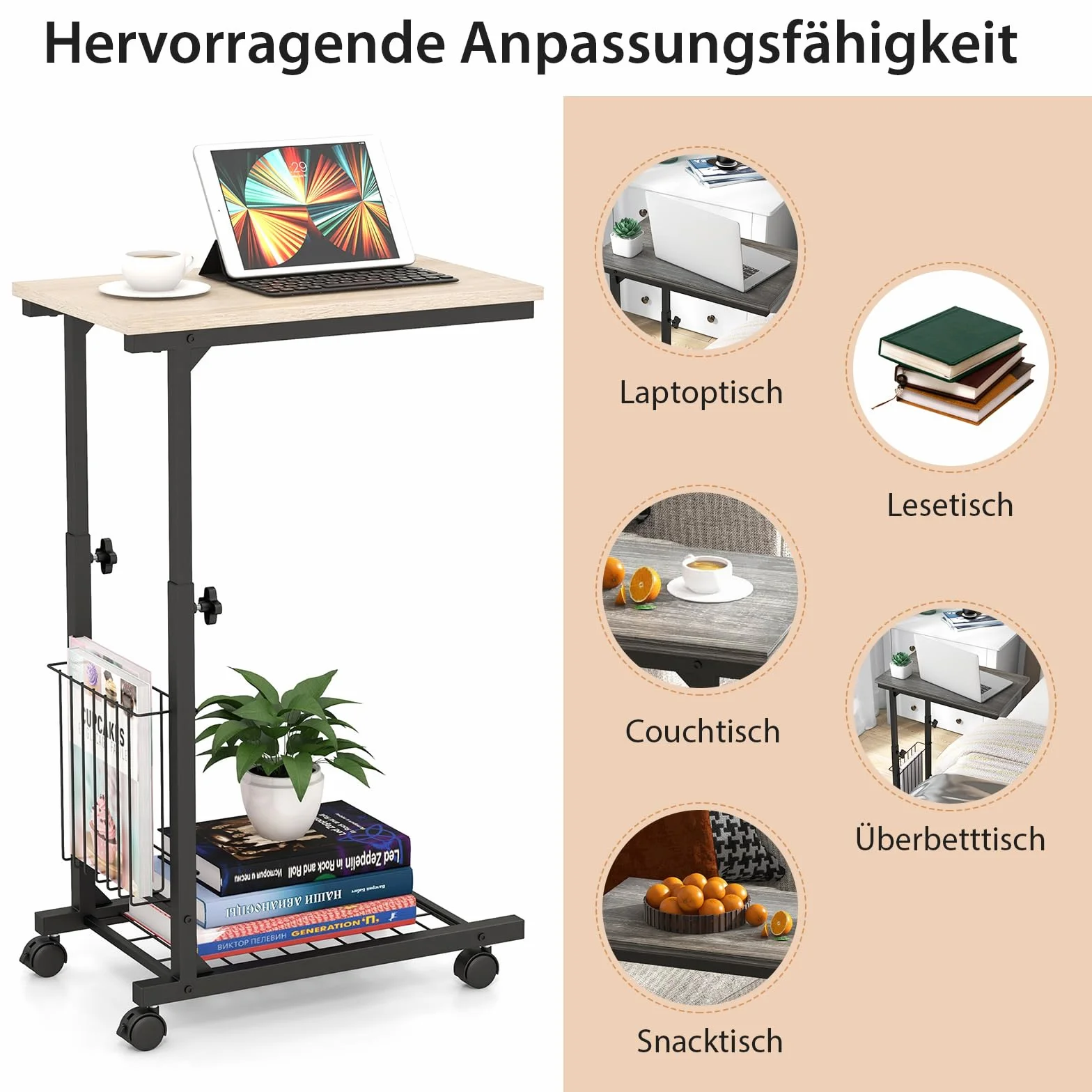 COSTWAY Stolik pomocniczy na kółkach, stolik do laptopa z regulacją wysokości, z koszem do przechowywania, stolik kawowy w kształcie litery C, stolik na łóżko, industrialny, metalowa rama, 50 x 30 x