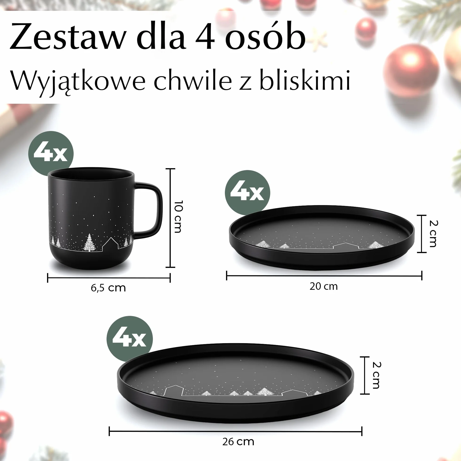 MIAMIO – Zestaw Waresów Bożonarodzeniowych 12 Sztuk/Zestaw Talerzy Bożonarodzeniowych z Kubkami w Minimalistycznym Designie (Serwis dla 4 osób) / Odpowiedni do Zmywarki i Mikrofali – Kolekcja Vinter