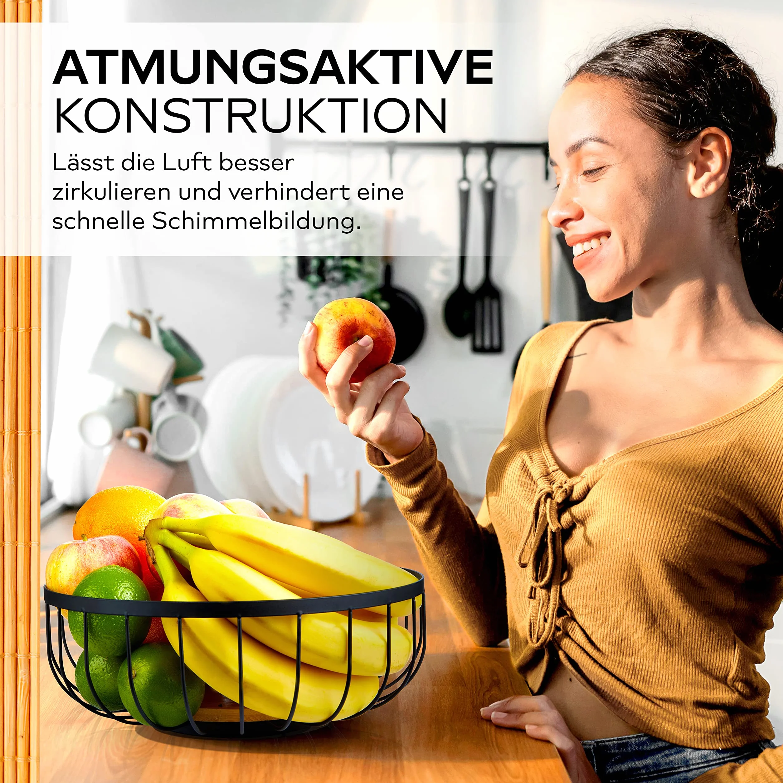 HIKITCHEN® Kosz na owoce - Dekoracyjna miska z metalu i bambusa - Kosz na owoce do kuchni i domu - Kosz na owoce, kosz na bułki (Czarny)
