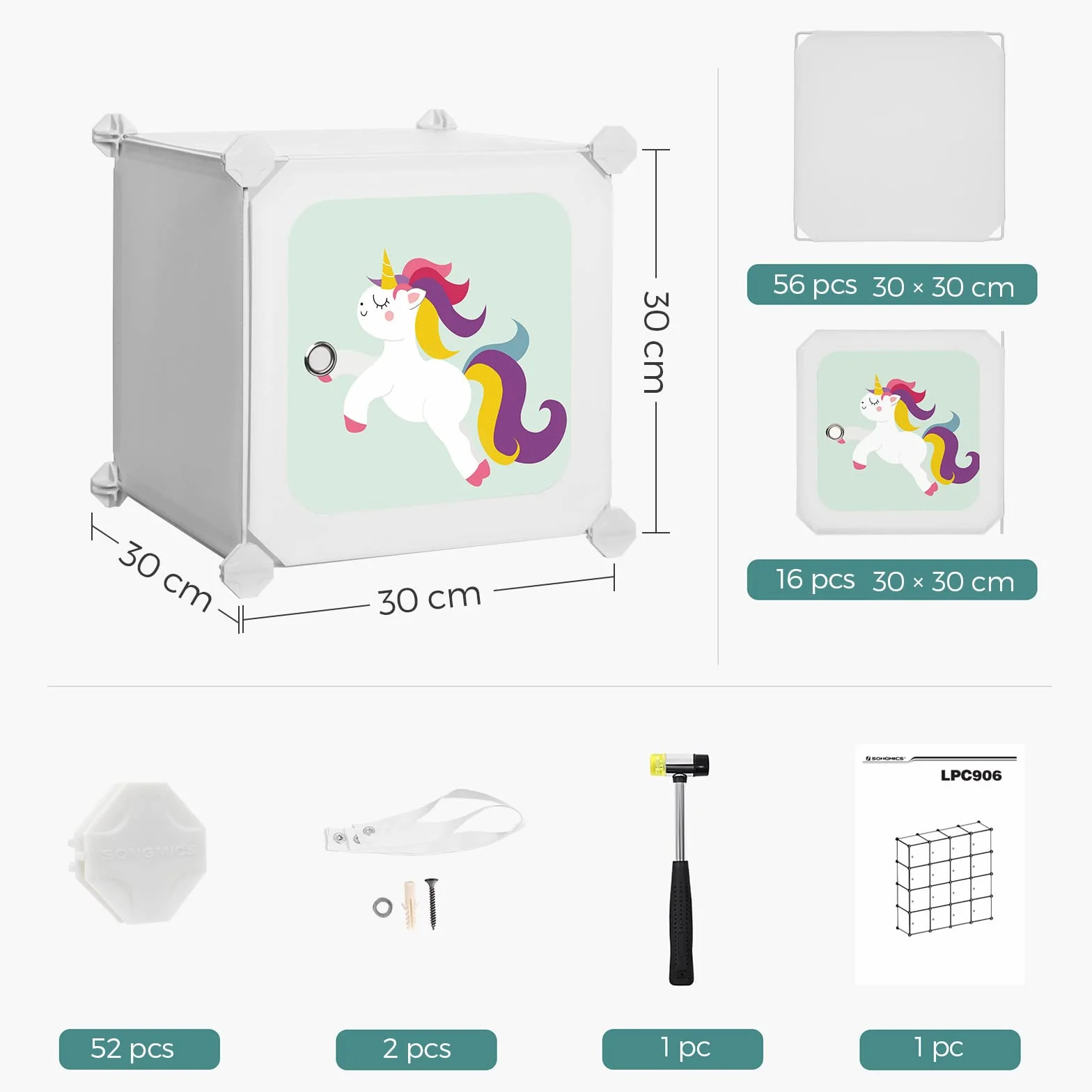 SONGMICS LPC906W01 System regałowy z 16 kostkami, szafa do przechowywania dla dzieci, szafa na ubrania i buty z drzwiami, z tworzywa sztucznego, regał wtykowy, uniwersalny, 123 x 31 x 123 cm, biały