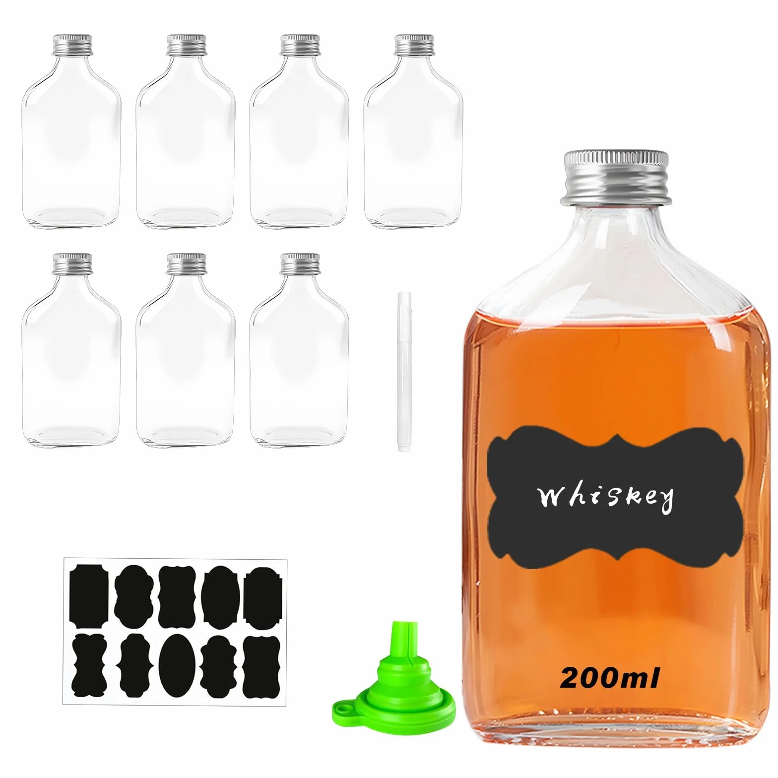 Szklane butelki 200 ml 8-pak ze srebrnymi zakrętkami, lejkiem, etykietami, długopisem, wielokrotnego użytku
