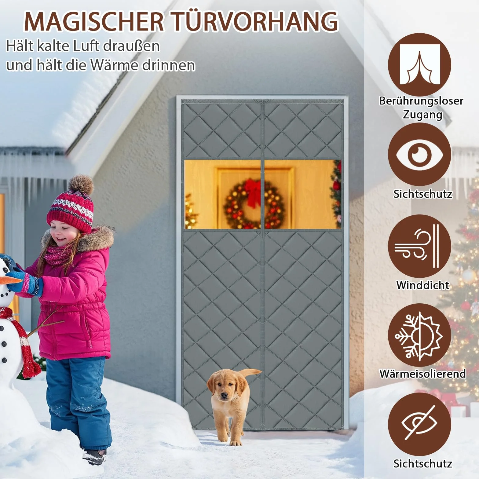Magnetyczna zasłona na drzwi, ochrona przed zimnem, 90 x 210 cm, 420 g/㎡, zasłona termiczna na drzwi, samoprzylepna, z przezroczystym oknem, wodoszczelna, przed zimnem i wysoką temperaturą, do użytku
