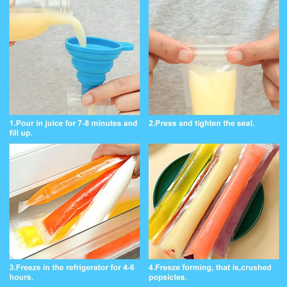 Foremki do lodów wodnych, 200 sztuk, torebki do lodów wodnych, nie zawierają BPA, foremki do lodów typu popsicle, foremki do lodów wodnych, bez BPA, z lejkiem, foremki do lodów DIY, do jogurtu