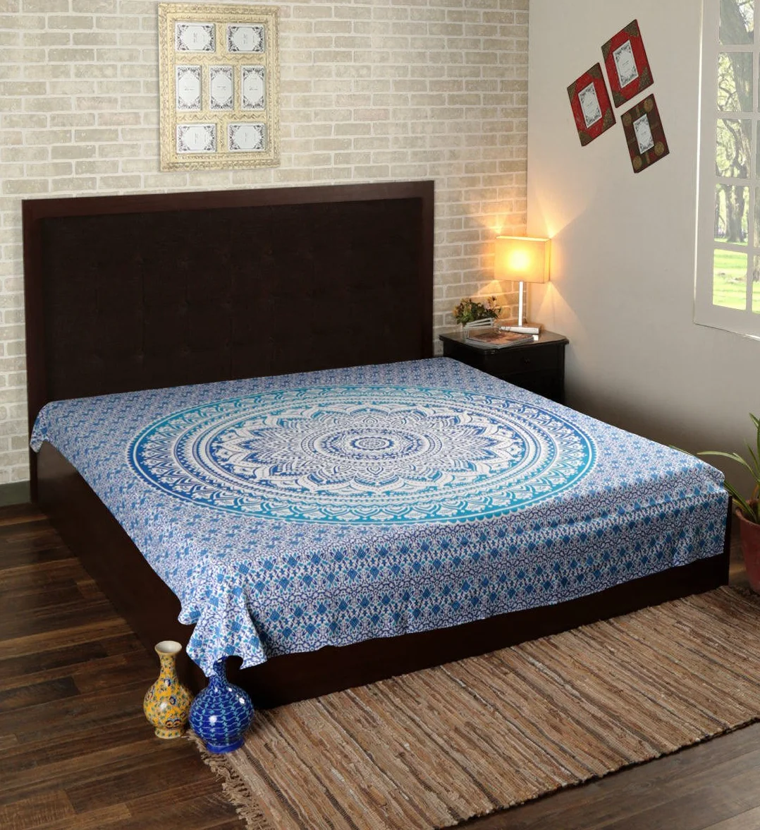 Dywan ścienny, mandala, niebieski, 228 x 213 cm – hipisowski ombre, dekoracyjny, duża ozdoba na ścianę, dywan na ścianę w stylu indyjskim, boho, Goa, makata ścienna do salonu, sypialni, dywan ścienny