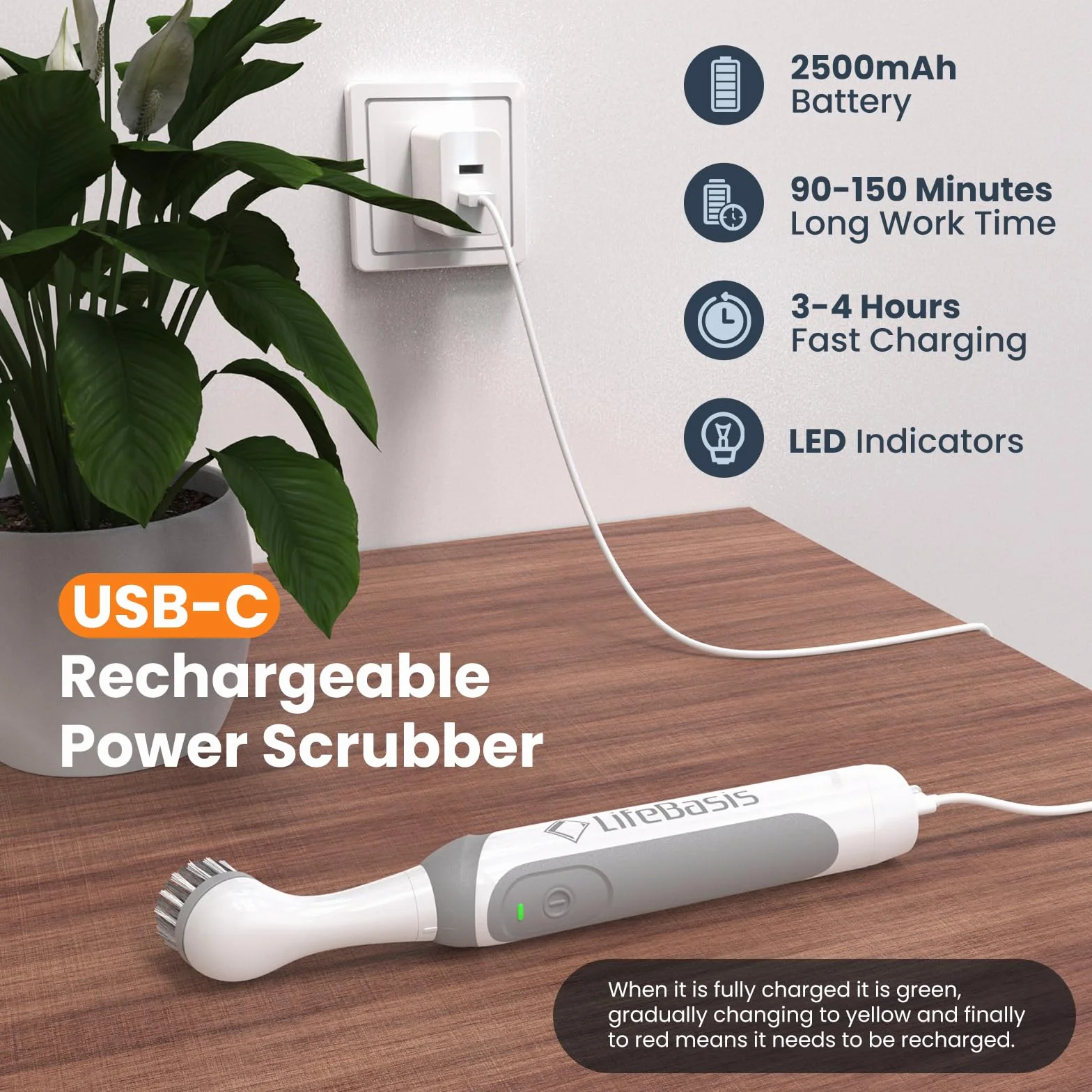 LifeBasis Elektryczna szczotka czyszcząca bezprzewodowa IPX7 z 5 głowicami USB