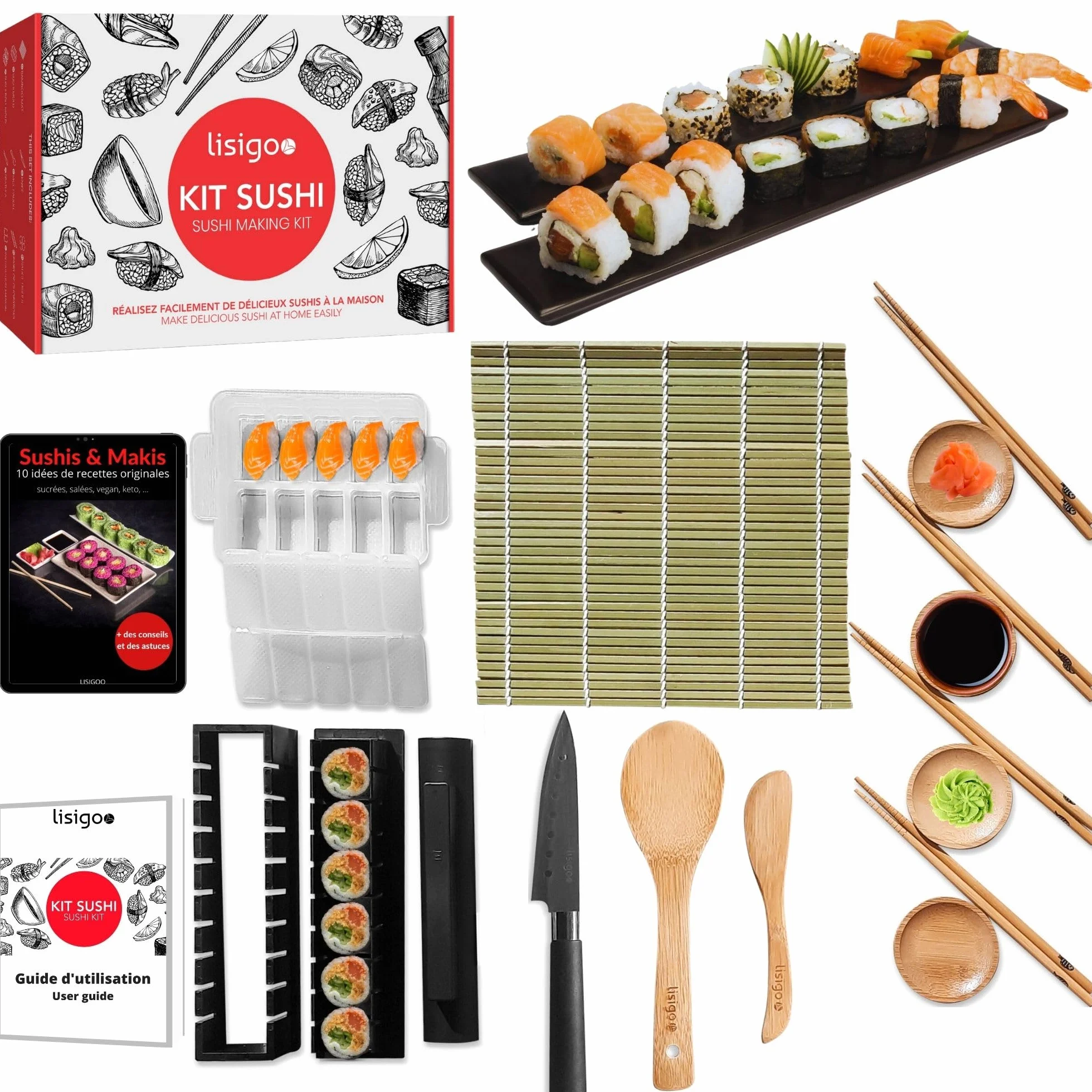 Kompletny zestaw do robienia sushi maki – zestaw do robienia sushi makis – pudełko z bambusową matą, japoński nóż, pałeczki, forma do maki, nie zawiera BPA, pomysł na prezent dla mężczyzn i kobiet