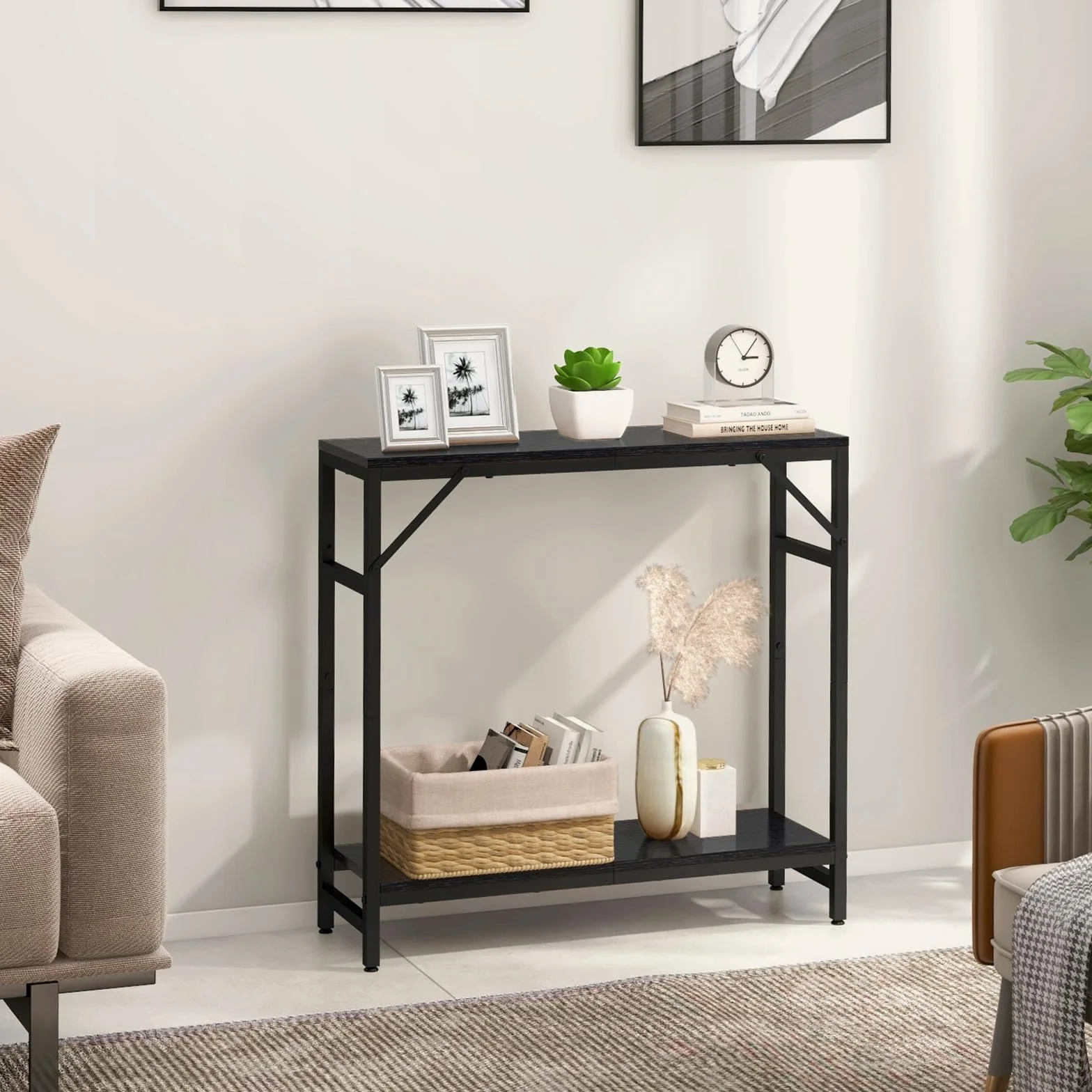 Livofloral Wąski stolik konsolowy 2-poziomowy 75x24x75 cm czarny