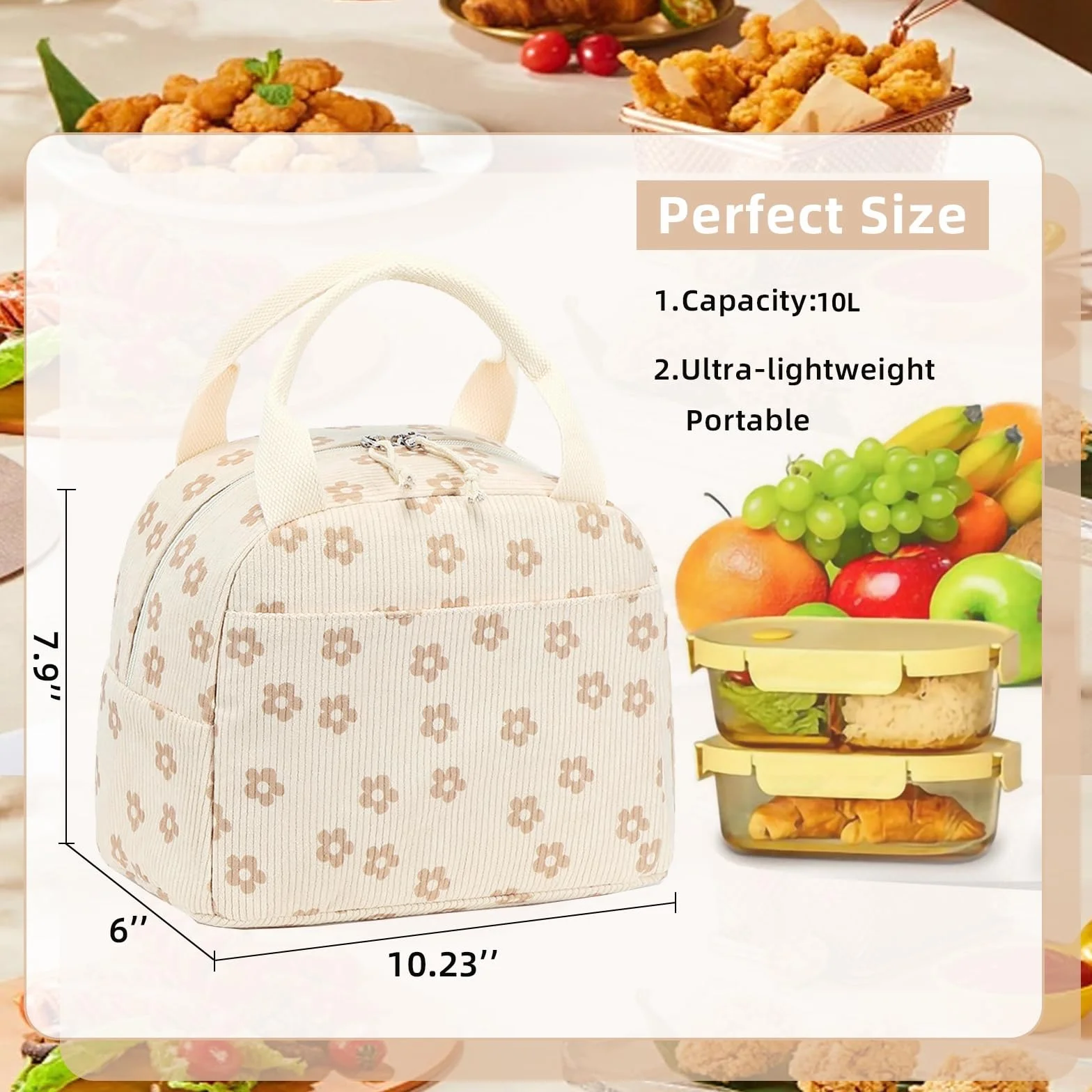LEDAOU Izolowane pudełko na lunch dla kobiet, wielokrotnego użytku, sztruksowe, szczelne, termiczne, chłodzące, duża pojemność (kwiat khaki 95)