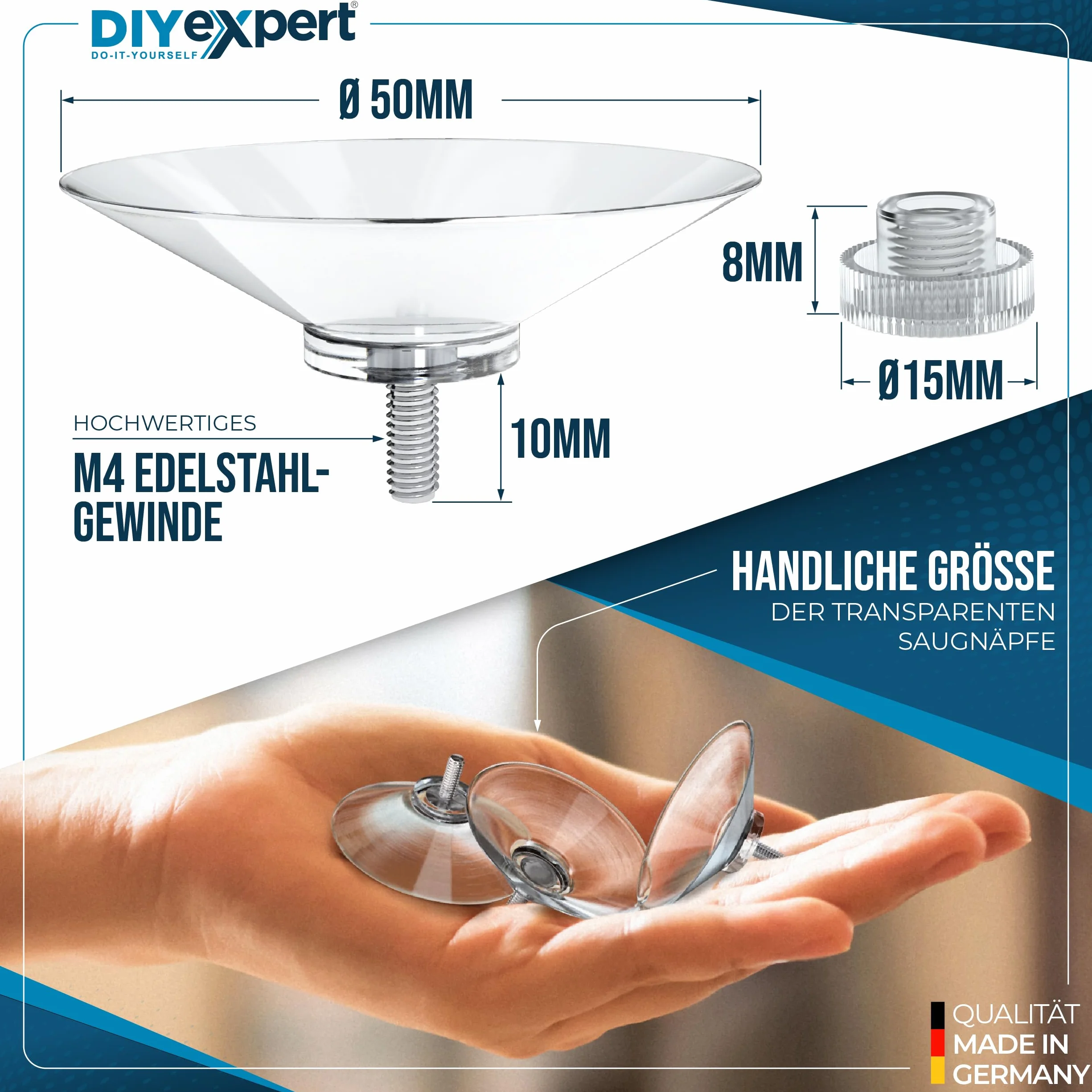 DIYexpert® 4 x przyssawka Ø 50 mm, z gwintem M4 x 10 mm, w zestawie nakrętki radełkowane przezroczyste - wyprodukowano w Niemczech