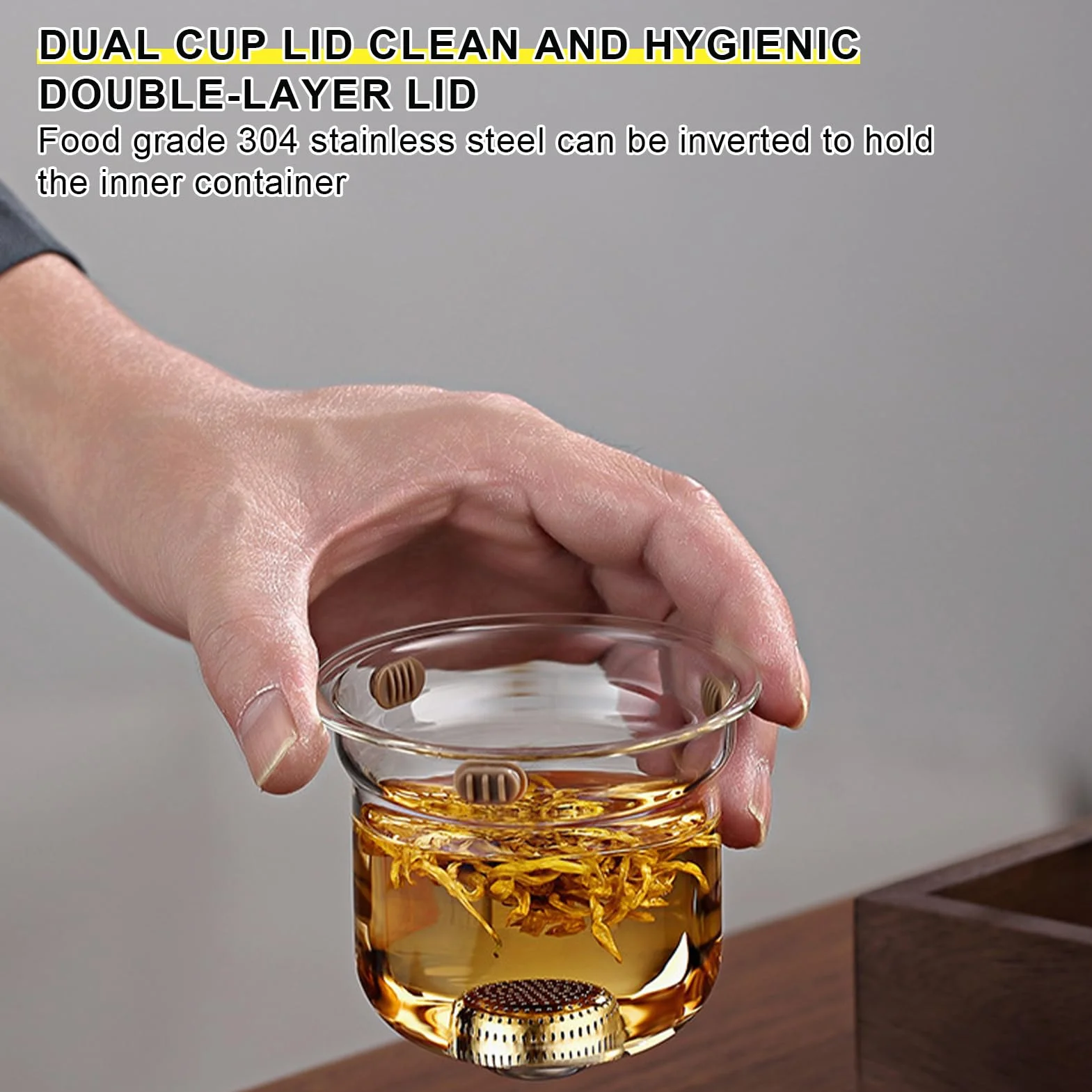 Szklany dzbanek do herbaty z zaparzaczem 700 ml, szkło borokrzemowe, drewniany uchwyt, szary