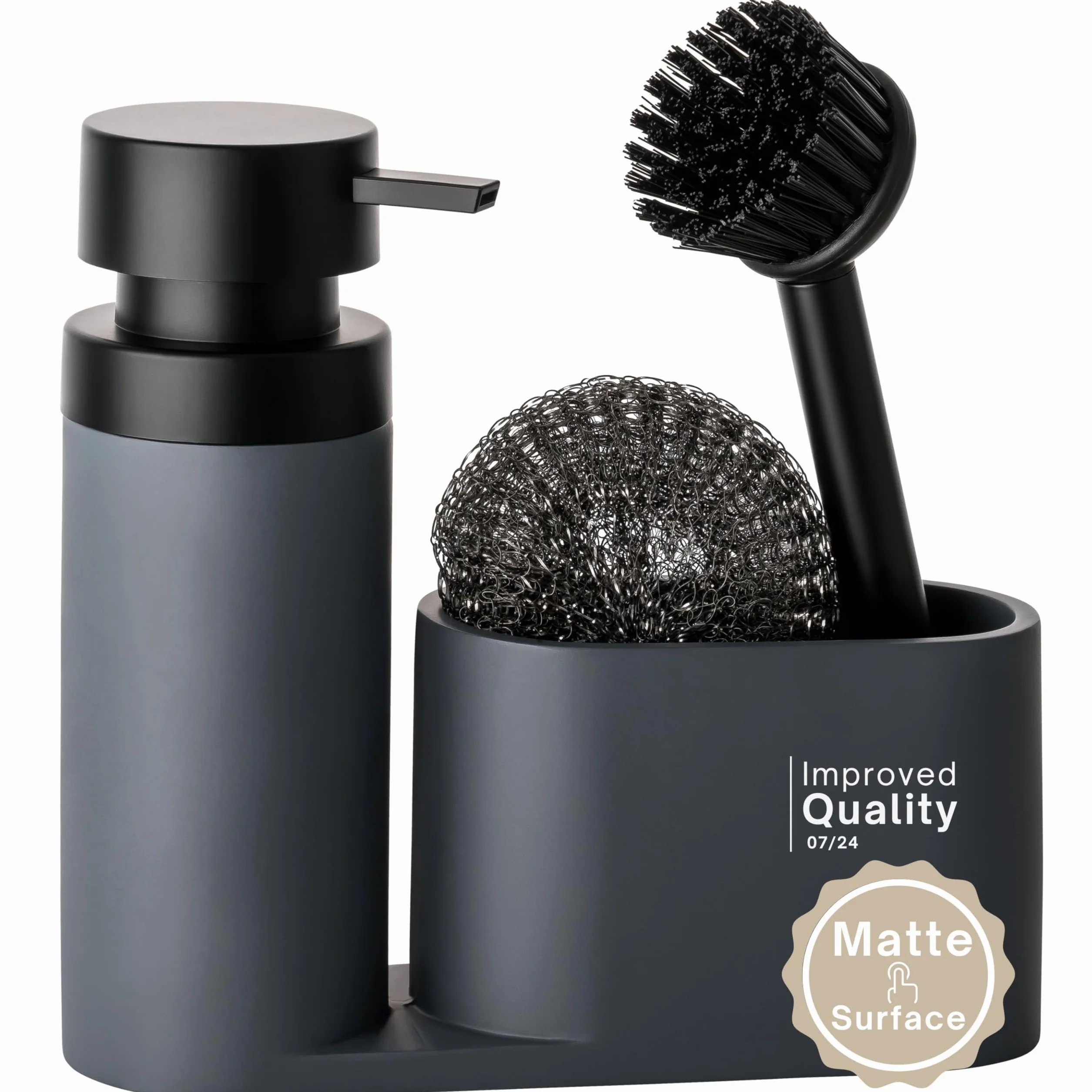 Black Sweden Home Designerski organizer do zlewozmywaka ze sztucznego kamienia ze szczotką i stalową gąbką – organizer kuchenny zestaw do zlewozmywaka czarny matowy – dozownik płynu do mycia naczyń