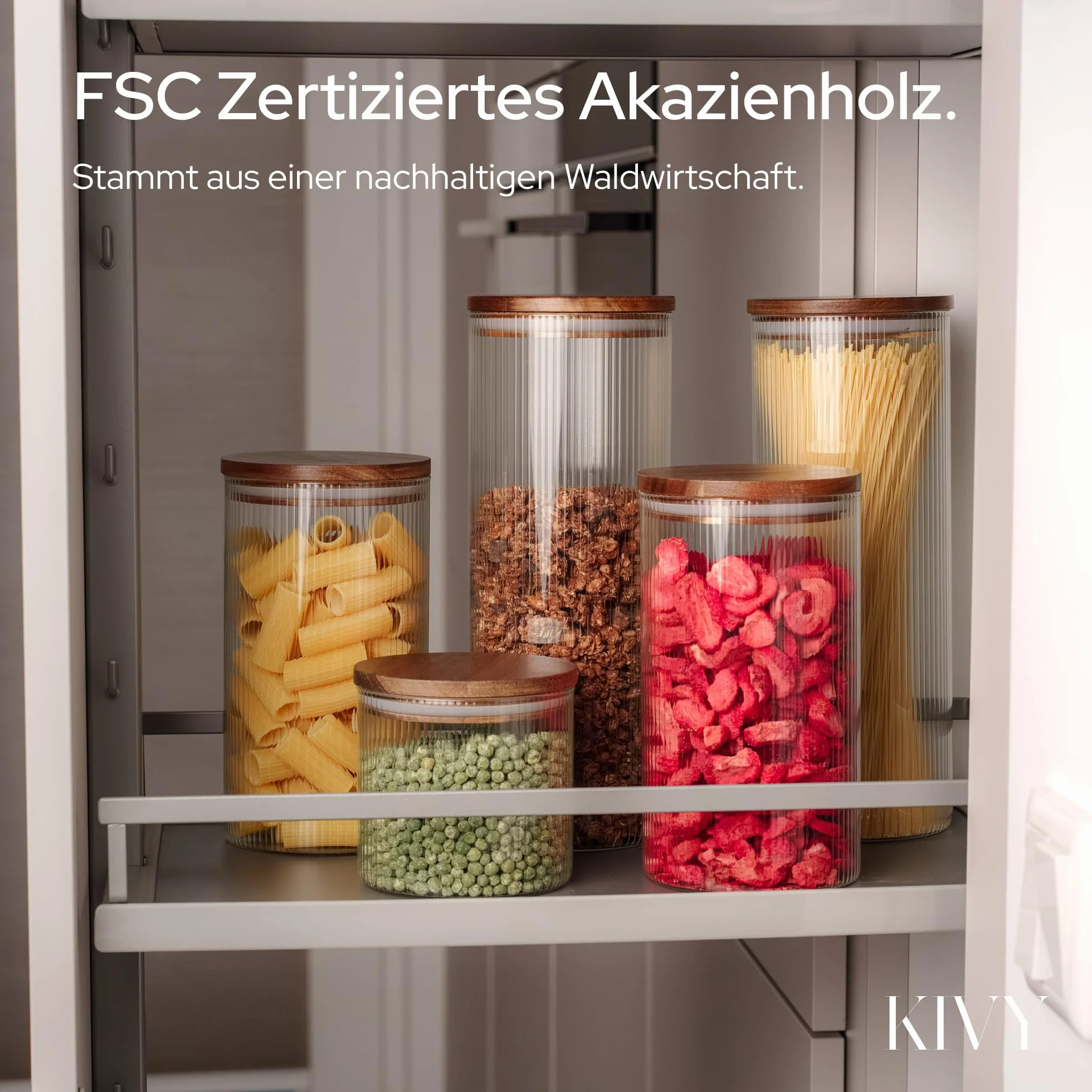 KIVY Riffel słoiki na zapasy z pokrywką – 4 x 350 ml – małe pojemniki na zapasy z pokrywką z drewna akacjowego – słoiki na zapasy szklane z pokrywką – słoiki do przechowywania z pokrywką