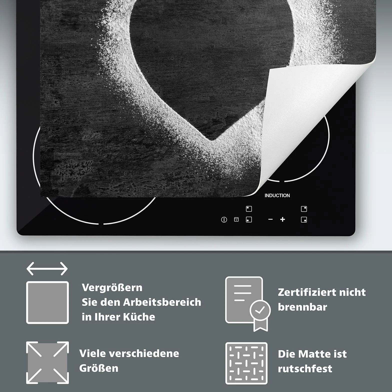 TMK ArtDeko Mata ochronna na kuchenkę indukcyjną 80x52 cm - Mata antypoślizgowa z winylu na blat - Mata przykrywająca kuchnię - Dekoracja do kuchni - Serce łupek
