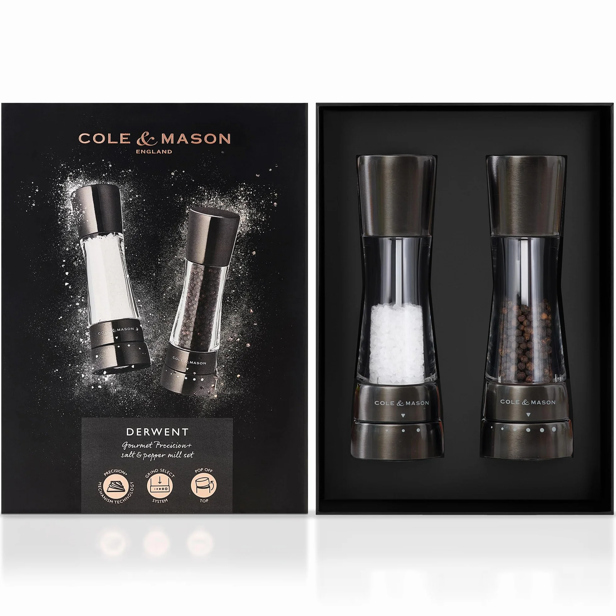 Cole & Mason Derwent Gunmetal młynki do soli i pieprzu, regulowane ustawienia mielenia, Gourmet Precision+, stal nierdzewna/akryl, 190 mm, zestaw prezentowy, zawiera 2 młynki do soli i pieprzu