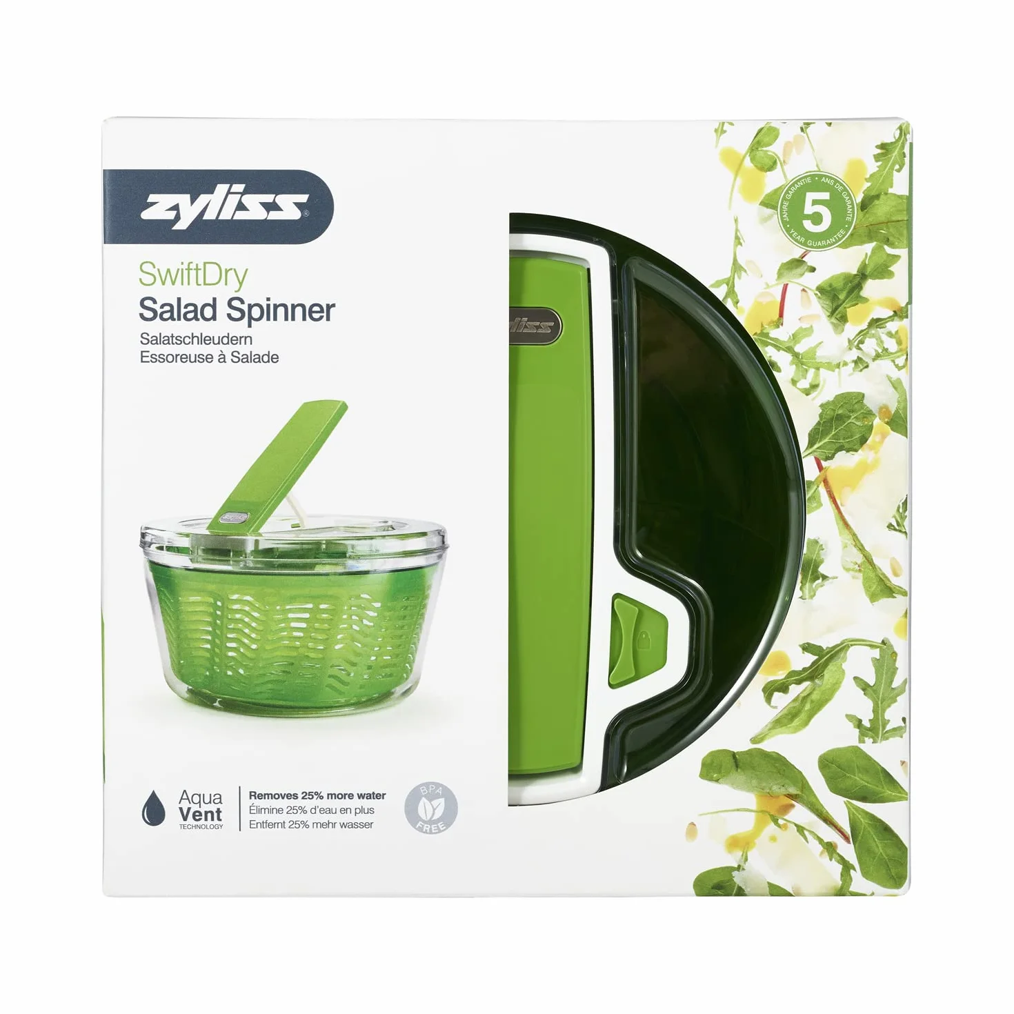 Zyliss E940013 Swift Dry wirówka do sałaty, duża, 6 l, tworzywo sztuczne, zielona, suszarka do sałatek, w zestawie z salaterką, technologia Aquavent
