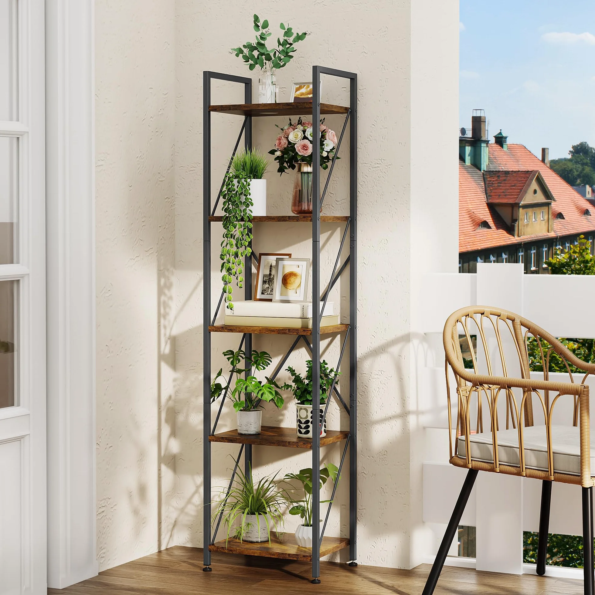 YITAHOME Regał na książki 5-poziomowy drewniany metalowa rama brązowy vintage