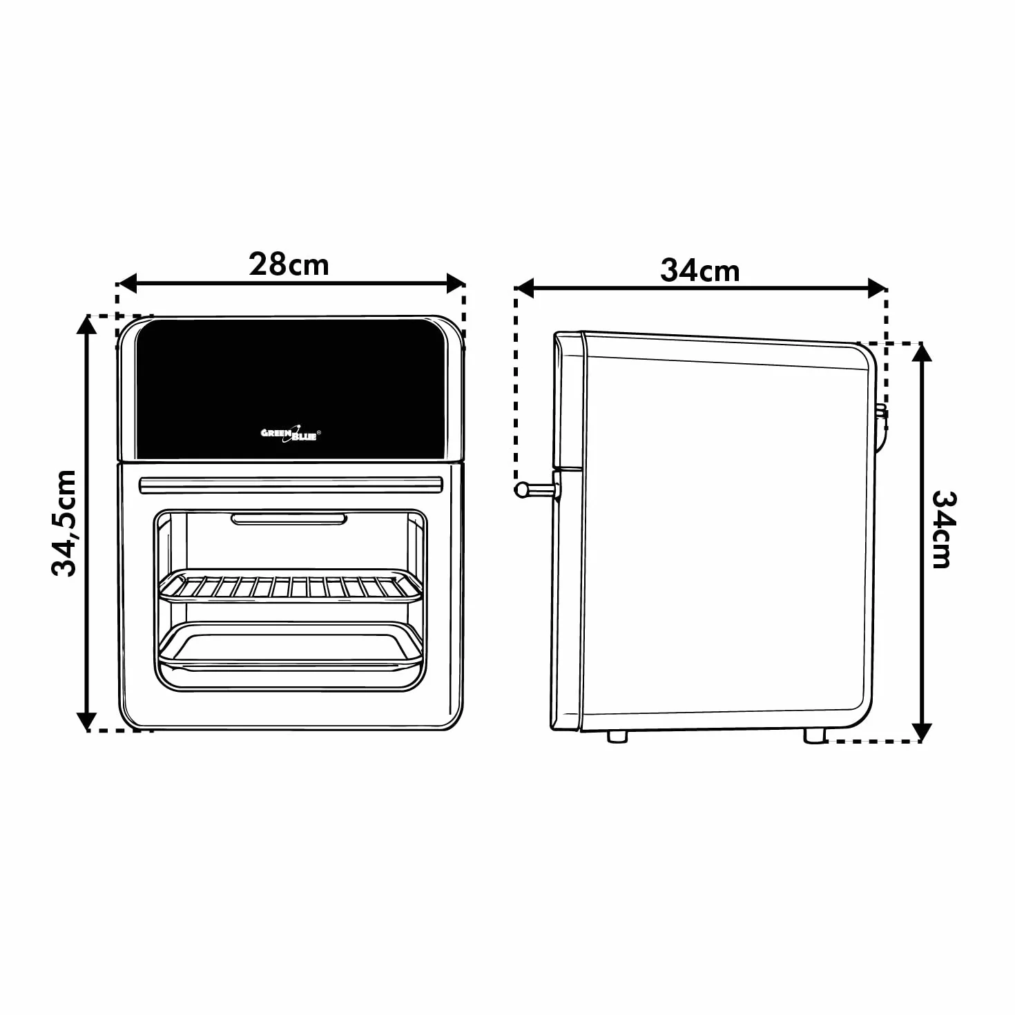 GreenBlue GB950 Frytkownica bezolejowa, pojemność 10 l, moc 1800 W, okienko podglądu, 8 programów, zakres temperatur 70–200 °C, 60-minutowy timer, panel dotykowy LED, akcesoria: kosz, miski, czarna