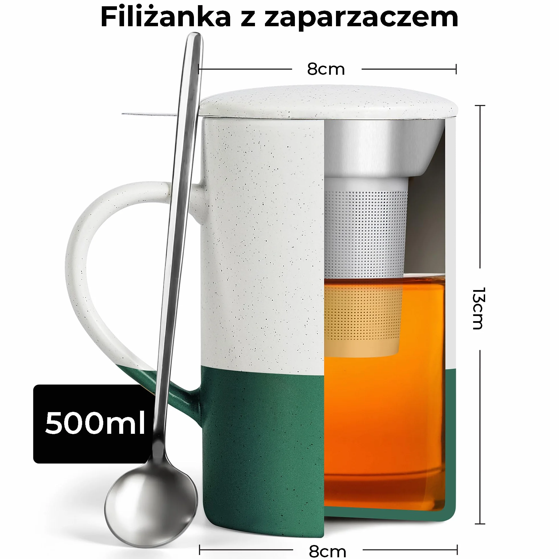 Zestaw Filiżanek do Herbaty 2 x 500 ml Ceramiczny Kubek z Zaparzaczem i Pokrywką Ciemnozielony