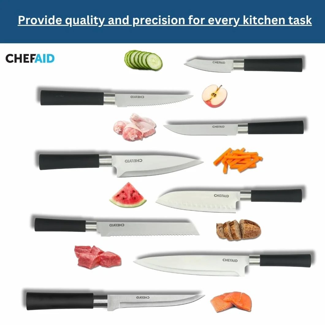 Chef Aid Nóż Santoku ze stali nierdzewnej, 7 cali (18 cm) – miękki uchwyt, wszechstronne ostrze, idealny do krojenia i krojenia w kostkę, zalecane mycie ręczne
